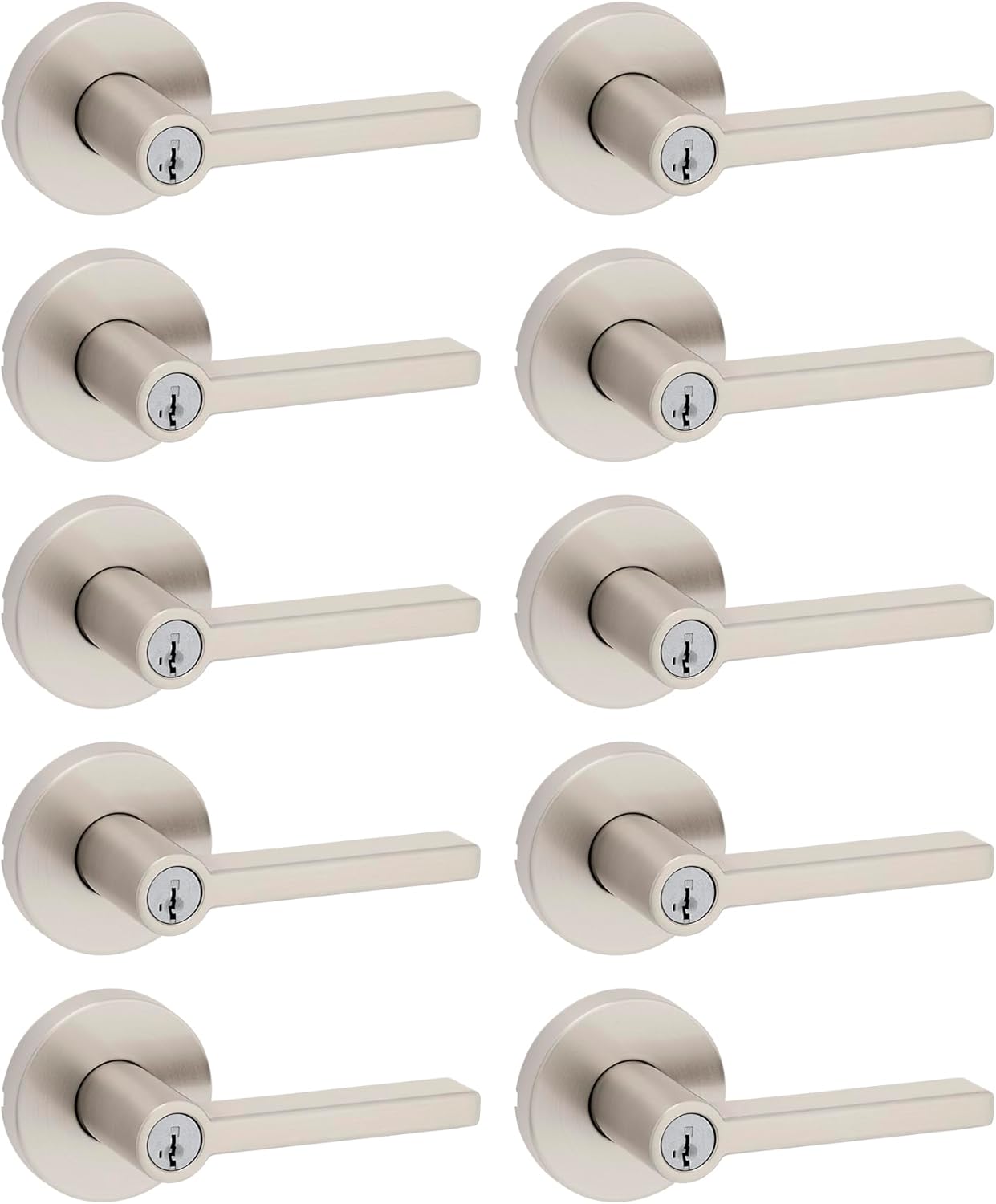 Kwikset Halifax Entry Door Handle with Lock and Key, Secure Keyed Reversible Lever Exterior, For Front Entrance and Bedrooms, Satin Nickel, 10 Pack, Pick Resistant SmartKey Rekey Security and Microban