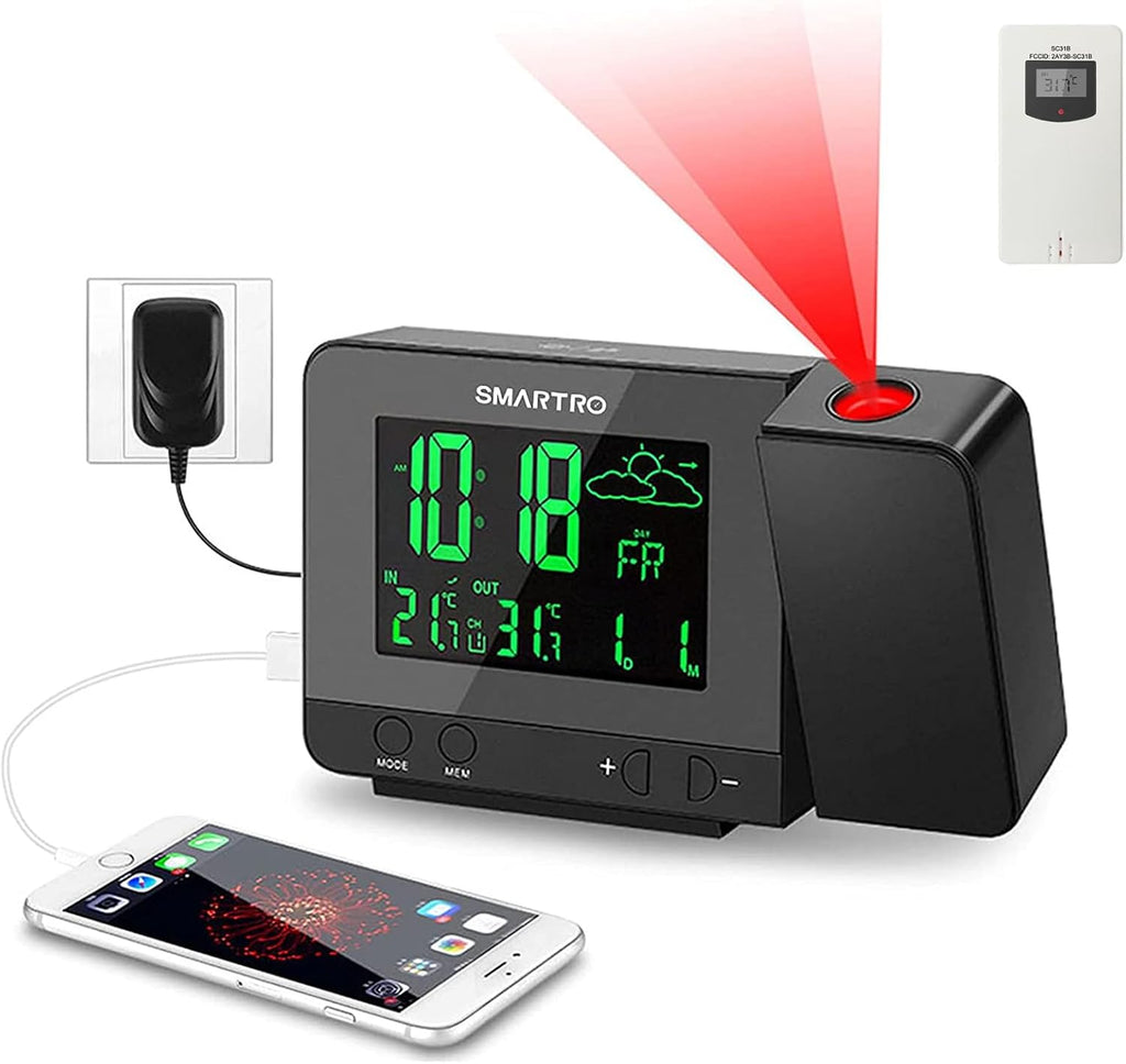 SMARTRO SC31B Digital Projection Alarm Clock with Weather Station, Indoor Outdoor Thermometer for Bedrooms, USB Charger, AC Battery Operated
