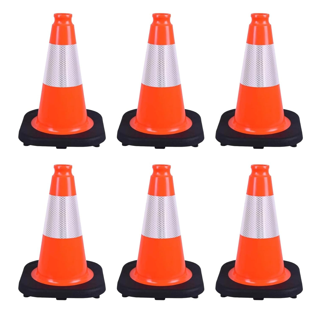 6 Pack 12" Orange PVC Safety Cones with Reflective Stripe, Black Base Stackable Training Cones for Soccer, Sports Drills, Gym, and Indoor or Outdoor Activities (6, Orange, 12 Inch)