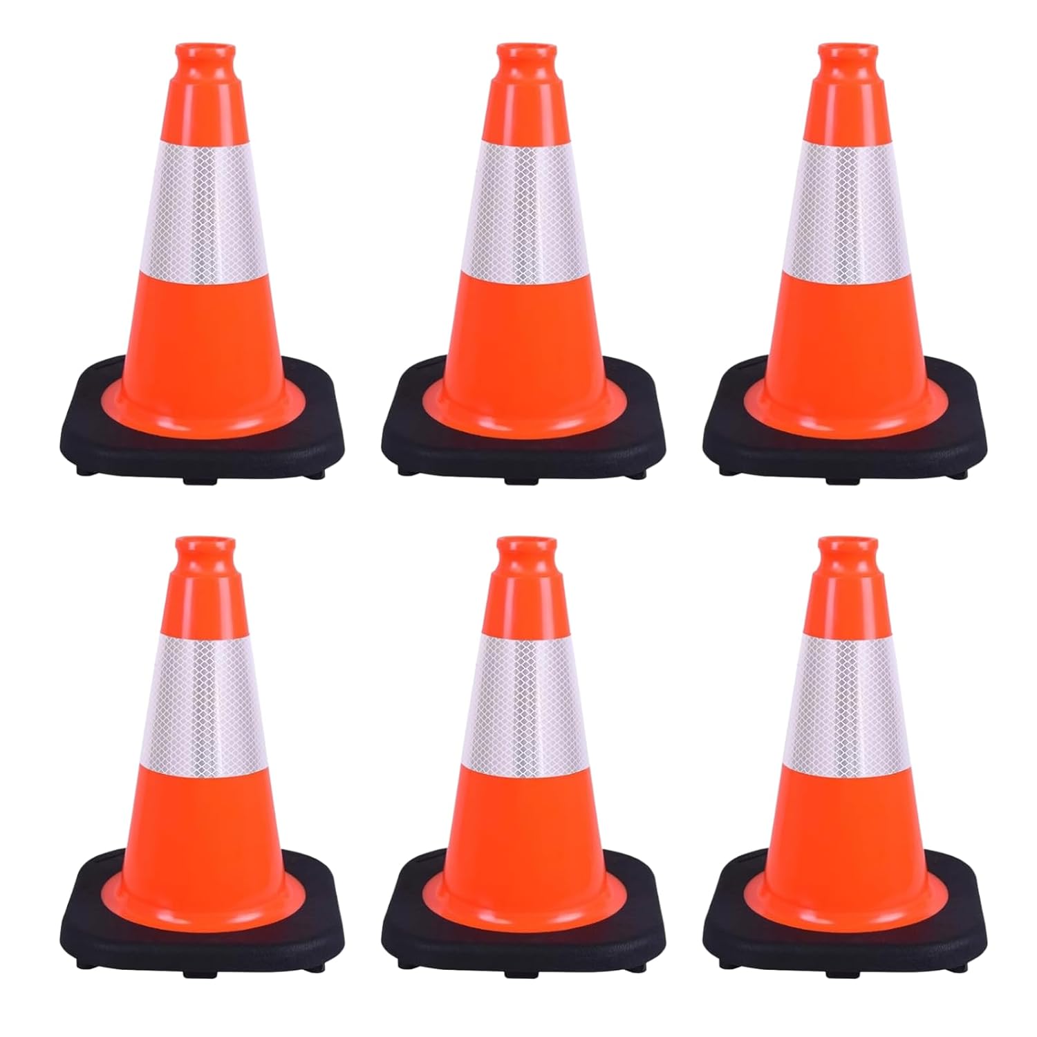 6 Pack 12" Orange PVC Safety Cones with Reflective Stripe, Black Base Stackable Training Cones for Soccer, Sports Drills, Gym, and Indoor or Outdoor Activities (6, Orange, 12 Inch)