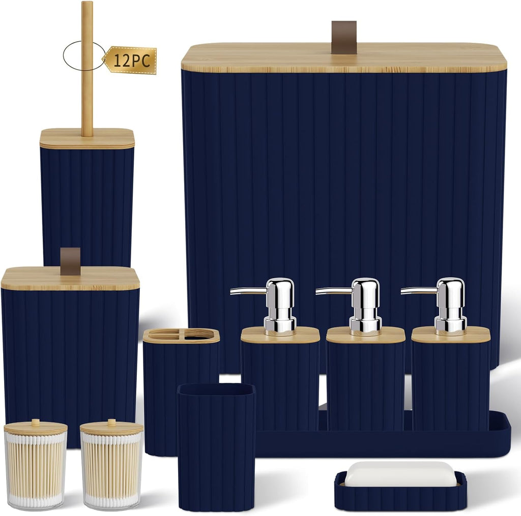 Bathroom Accessory Set - Navy Blue Bathroom Set, 12PC Bathroom Accessories Set, Blue Bathroom Accessories Set, Mini Trash Can, Toilet Brush, Trash Can & Soap Dispenser