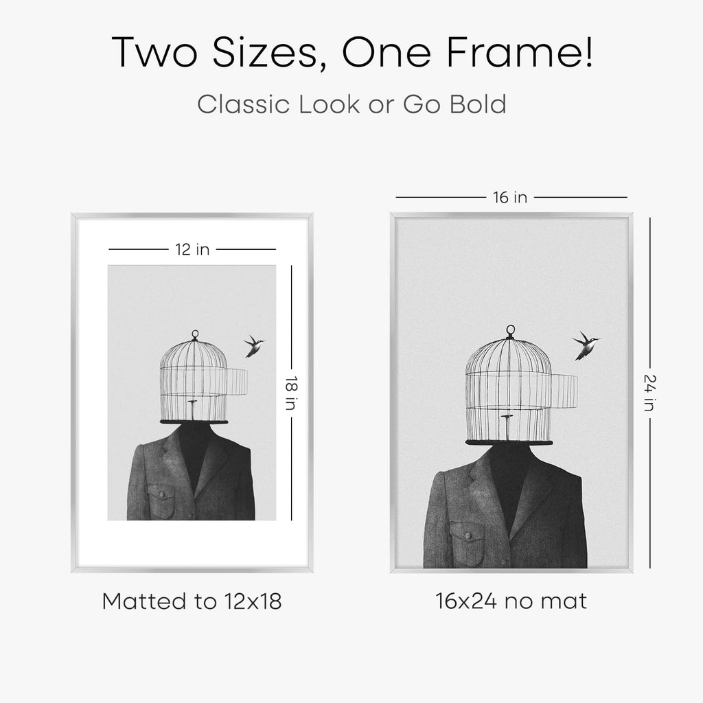 Homeforia 16x24 Silver Picture Frames, High End Metal 16x24 Poster Frame with Mat 12x18 in Photo, 16 x 24 Silver Frame Matted to 12 by 18 Print, 24x16 Hanging Frame, Tempered Glass, Wall Kit, Set of 3