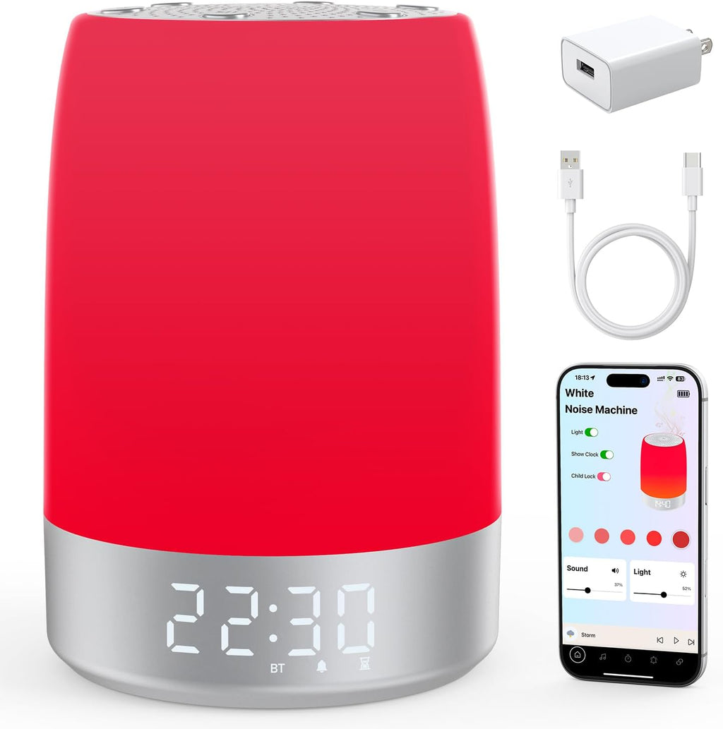 Smart Red Light Therapy Lamp & Sleep Sound Machine for Bedroom with Alarm Clock, Night Light with App Control, 5-Level Red Light (620–690nm), 32 White Noises, Custom Timer, 2600mAh Battery, 7 Alarms
