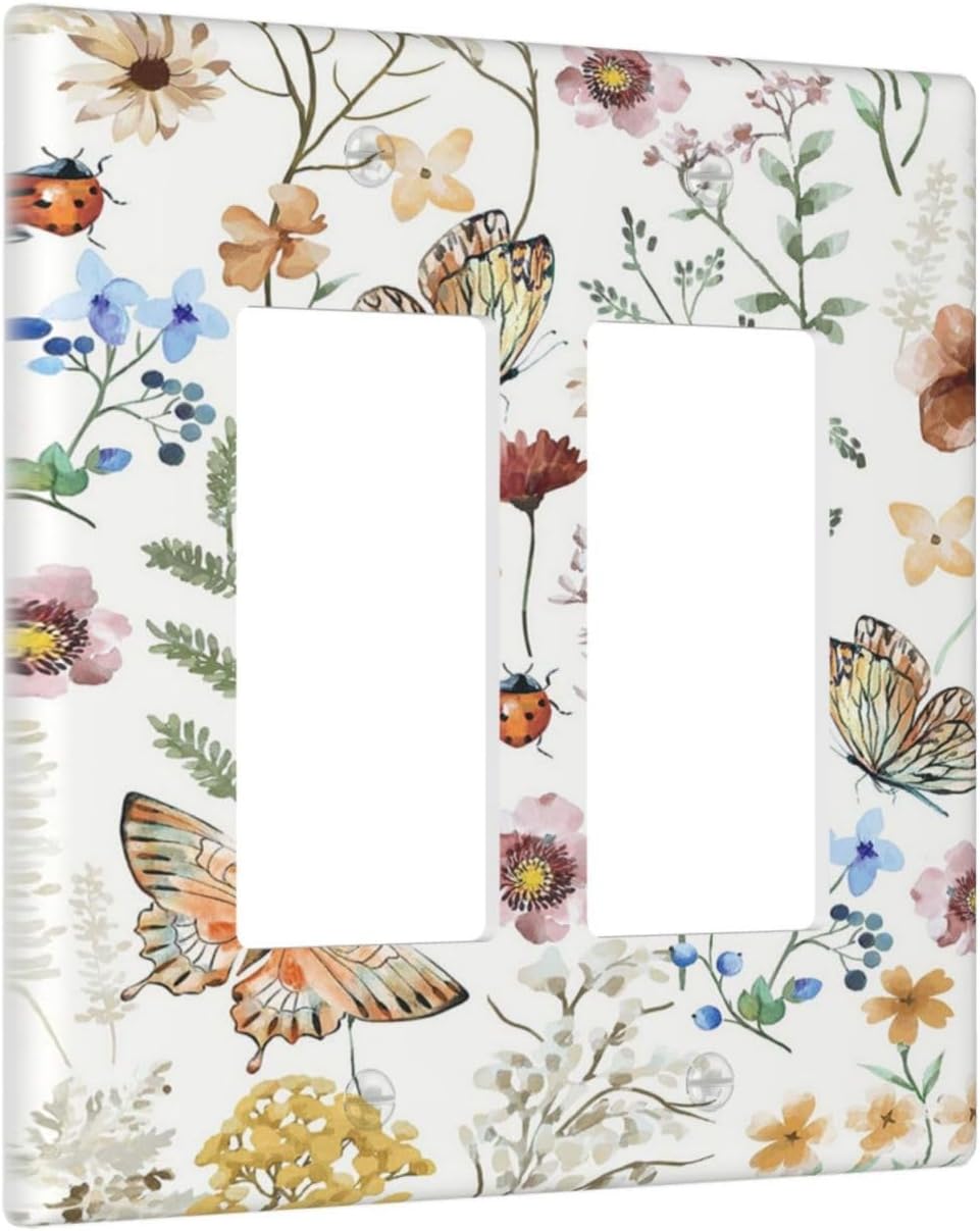 Decorative Outlet Covers Rustic White Butterfly Flowers Leaves 2 Gang Wall Plate Double Rocker Two Switch Wall Cover Plate Light Switch Cover Plate Faceplate for Country Bedroom Decor