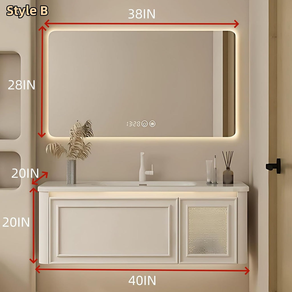 40IN Wall Mounted Bathroom Vanity Set - Wood Bathroom Vanities has Tissue Hole Design | Includes Smart Defogging Mirror Cabinet & Time Display, Rounded Corners, Glass Cabinet Doors (Style B)