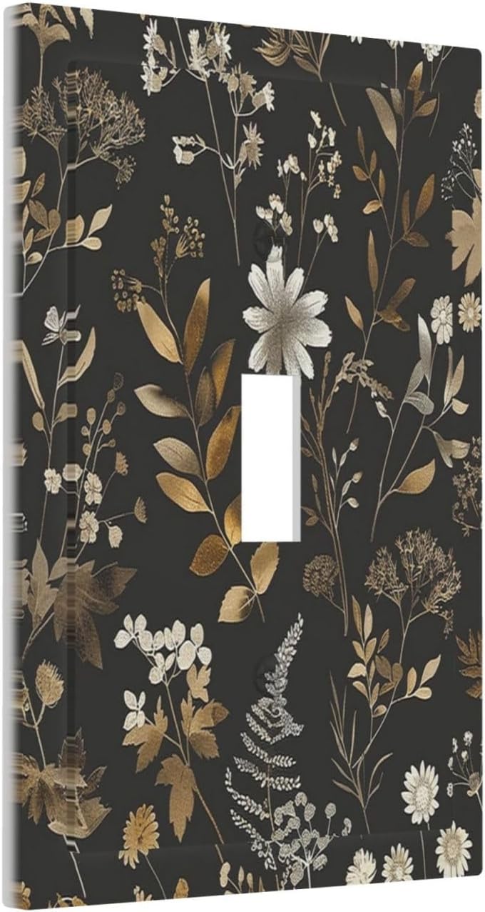Decorative Light Switch Cover Black Gold Floral Dark Leaves Vintage Flowers 1 Gang Single Toggle Device Electrical Faceplate Switchplates Decorator Outlet Wall Plate for Bed Room Home