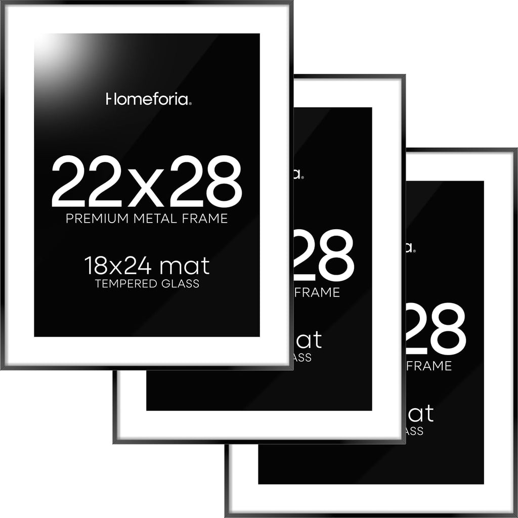 Homeforia 22x28 Poster Frame Black, High End Metal 22 x 28 Large Picture Frames with Mat 18 x 24 for Photo, 22x28 Thin Frame Matted to 18x24 inch Print, 28x22 Frame, Tempered Glass, Wall Kit, Set of 3