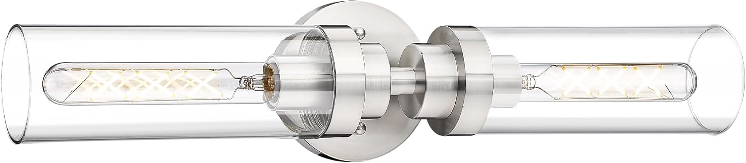 Emak Brushed Nickel Vanity Lights for Bathroom, Modern 22 Inch Bathroom Light Fixtures, 2-Light Cylinder Wall Sconces with Clear Glass Shade for Bathroom, Bedroom, Hallway, VL085-BN-2