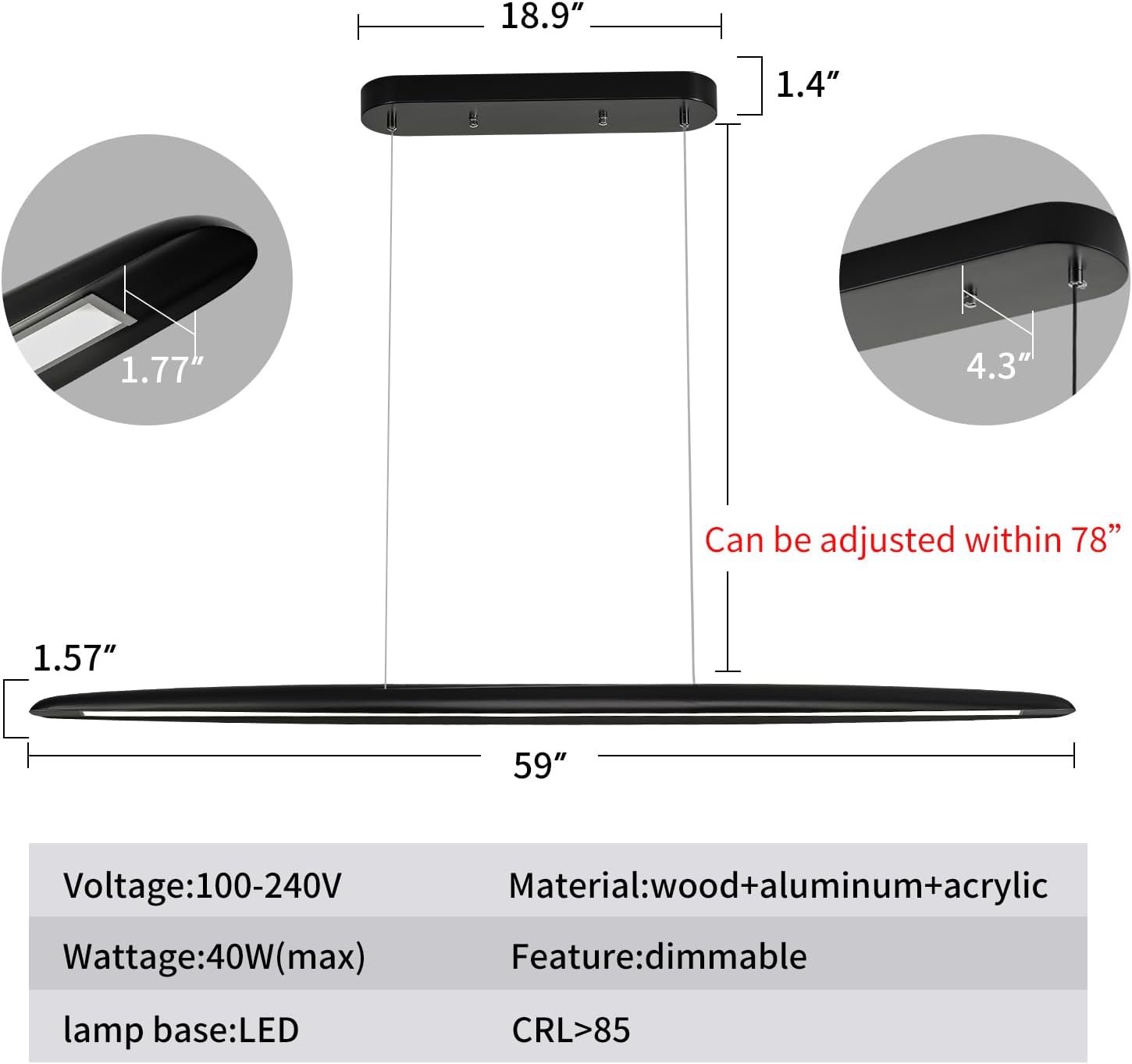 59inch Integrated Led Pendant Light 40w Dimmable Wood Black Linear Pendant Lighting Led Modern Island Light with Black Finish for Living Room Dining Room Billiard & Pool Lights