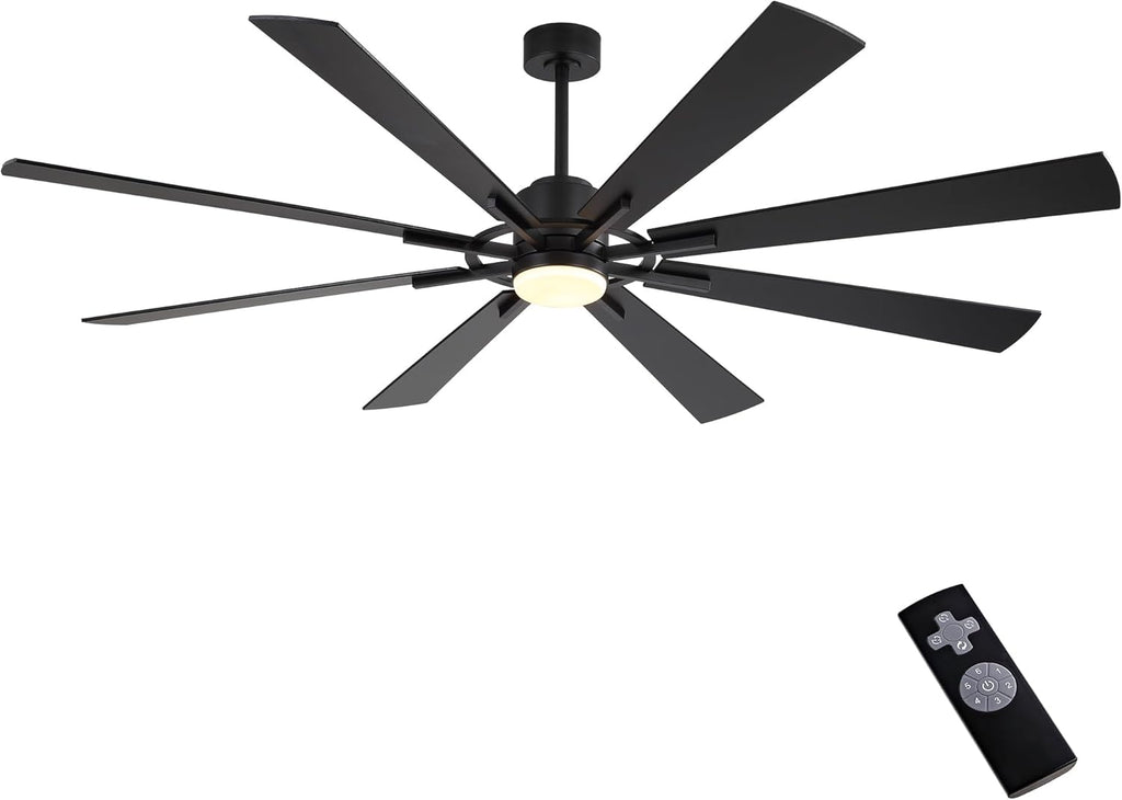 WINGBO 72" DC Ceiling Fan with Lights and 3 Downrods, Matte Black, 8 Plywood Blades, 6-Speed Reversible DC Motor, Large for Kitchen, Bedroom, Living Room