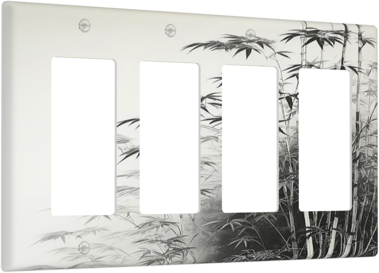 Watercolor Vintage Ink Bamboo Forest 4 Gang Wall Plates Outlet Covers Quad Rocker Light Switch Cover Plate Decorative Switch Plates GFCI Electrical Faceplate for Bathroom Bedroom Decor 4.5 X 8 IN