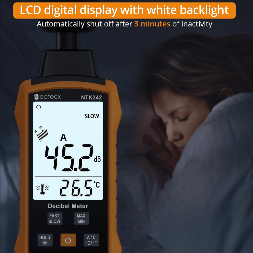 Neoteck 30-130dB Decibel Meter with A/C Weighted Digital Sound Level Meter with MAX/MIN Fast/Slow Response Rate Portable Backlight SPL Meter with Data Hold for Home Office Factories Noisy Neighbors