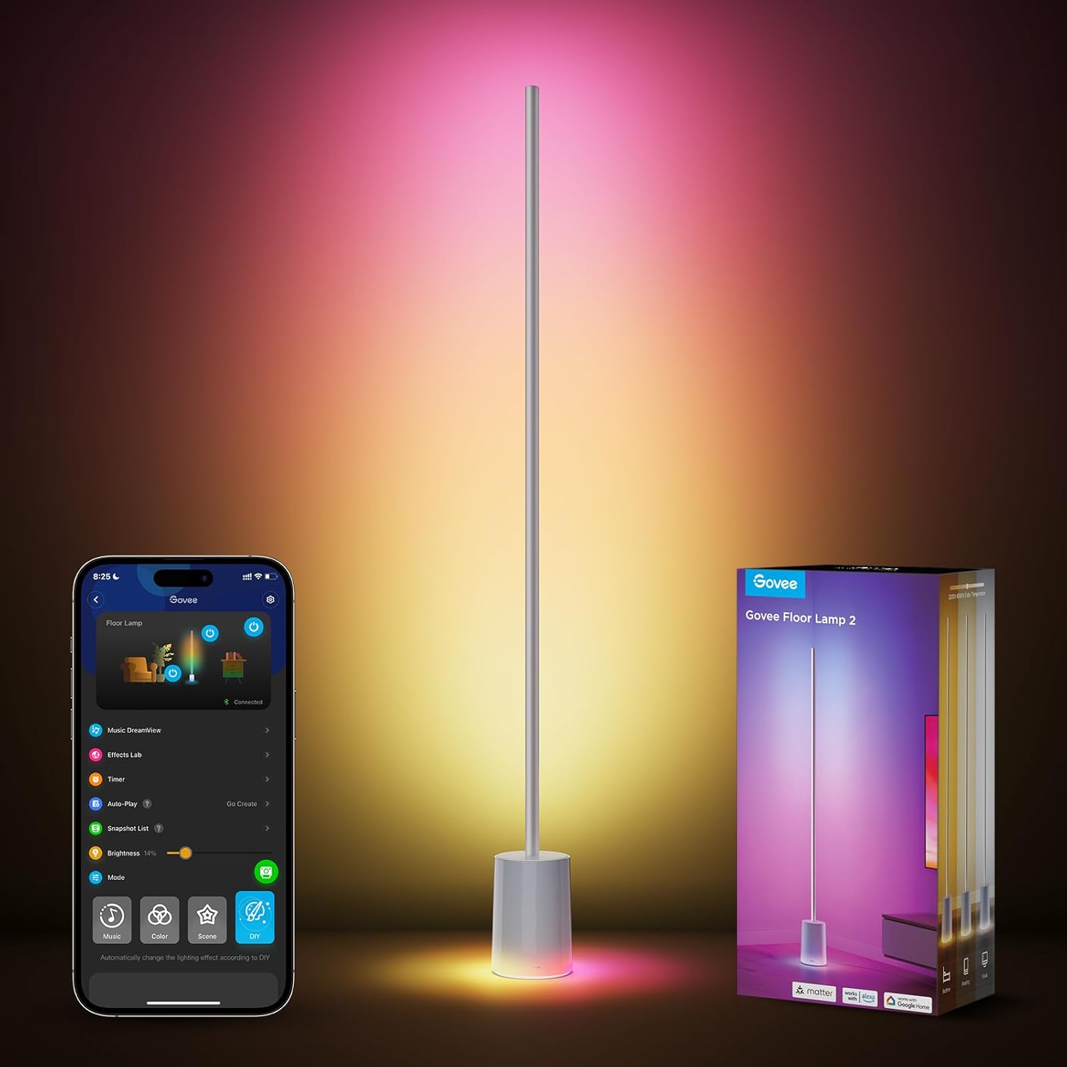 Govee Floor Lamp 2 with Matter, RGBIC, Warm Cool White LED, Alexa Compatible, 1725lm, Music Sync, Scene Modes, Smart Floor Lamp for Living Room, Bedroom, Silver(1 Pack)