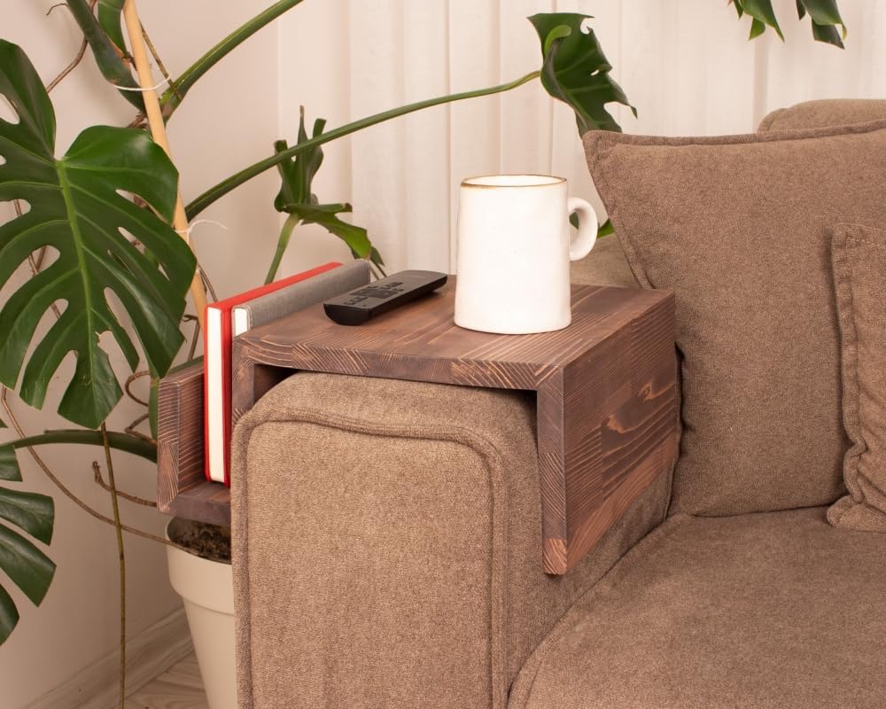 Wooden Couch Arm Tray – Sofa Armrest Table with Book & Magazine Holder, Perfect for Coffee & Remote Control, Solid Wood (London)