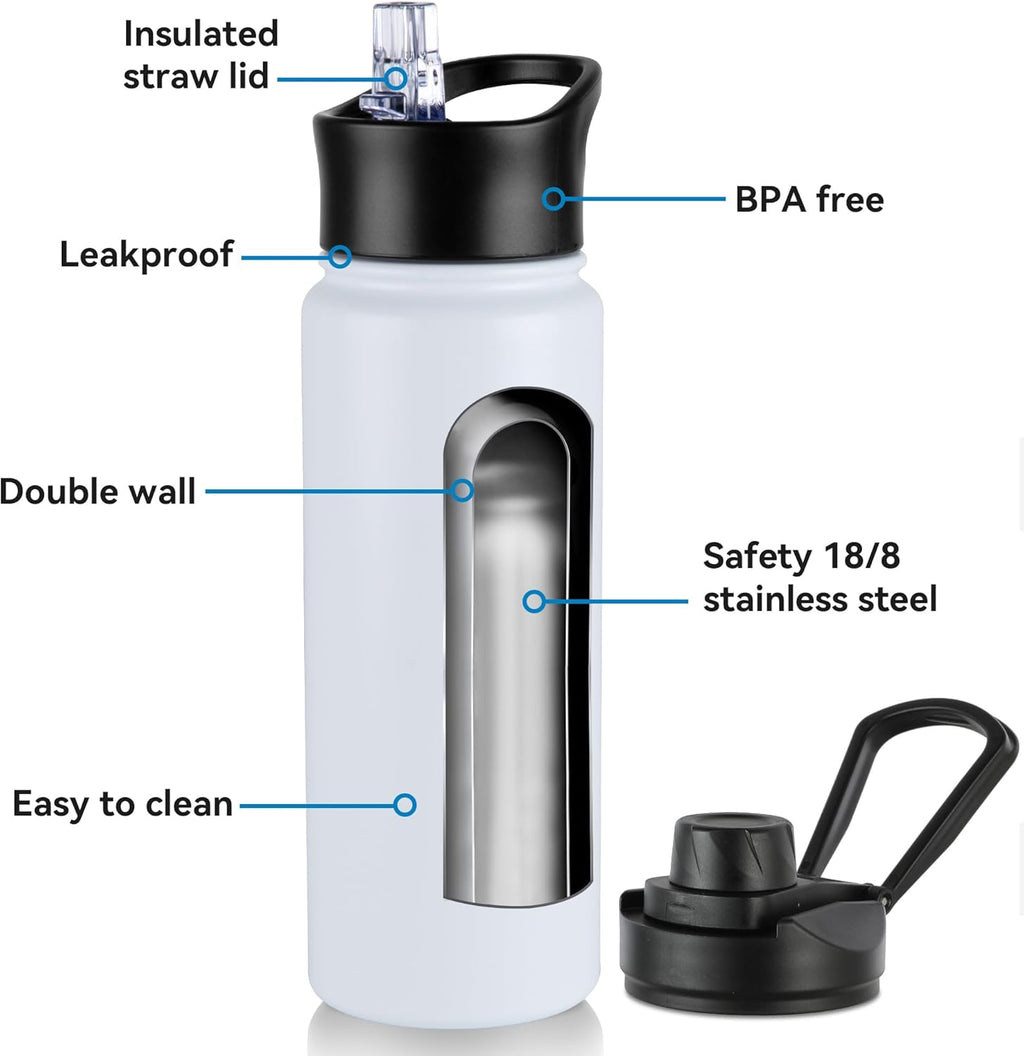 24oz Insulated Water Bottle with Straw Lid, Stainless Steel Metal Water Bottle with Straw & Wide Mouth Lid, Double Wall Vacuum Water Bottle for Hiking Camping, White 4 Pack