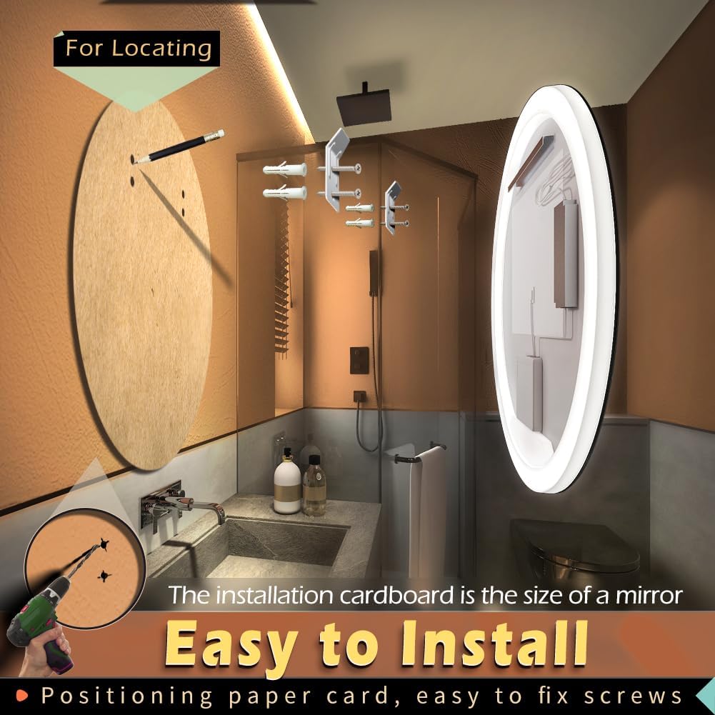 KWW Round Mirror Bathroom LED Lighted Mirror, Illuminated Dimmable Anti-Fog Wall-Mounted Makeup Vanity Mirror with Lights (23.5" L x 23.5" W)