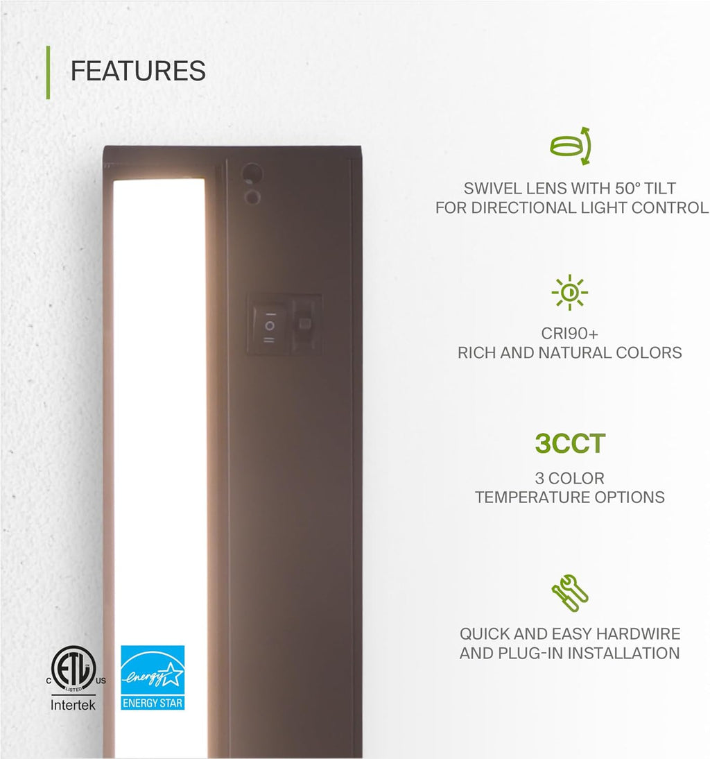 ASD Swivel LED Under Cabinet Lighting Bronze, 12 Inch 5W, Hardwired or Plug-in, 2700K/3000K/4000K, Hi/Low Switch, Rotatable Lens, Dimmable Linkable Under Counter Light for Kitchen, ETL & Energy Star