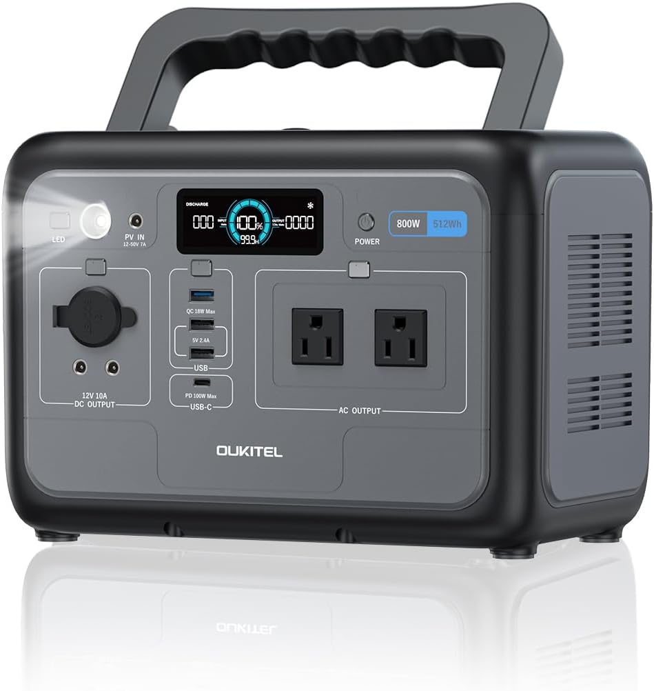 OUKITEL Portable Power Station 800W（Peak 1600W), 512Wh Solar Generator 1 Hour Fast Charging LiFePO4 Battery Backup for Emergency Home Camping RVs(Solar Panel Optional)