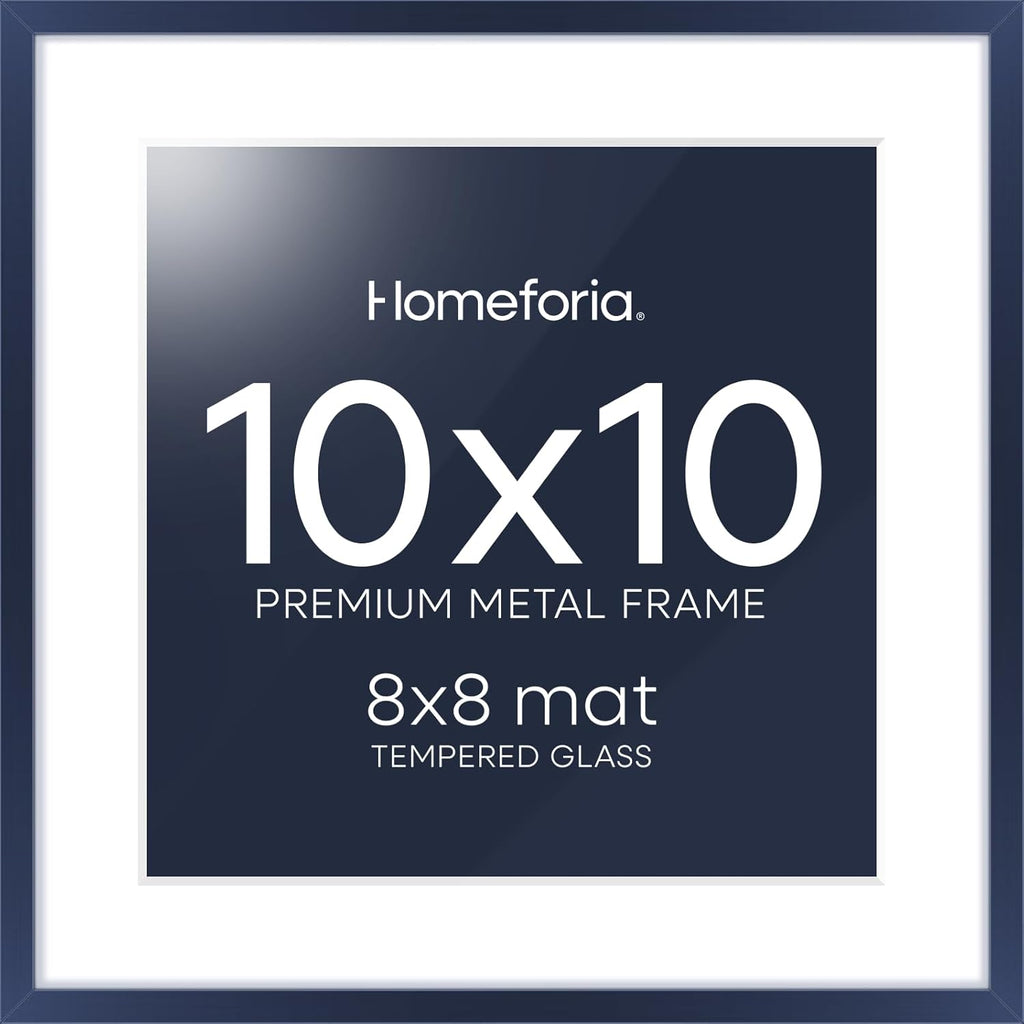 Homeforia 10x10 Picture Frame Navy Blue, High End Metal 10 by 10 Square Frames with Mat 8 x 8 Photo, 10by10 Poster Frame Matted to 8x8 Print, Wall or Tabletop Frame, Tempered Glass, Wall Kit, Set of 1