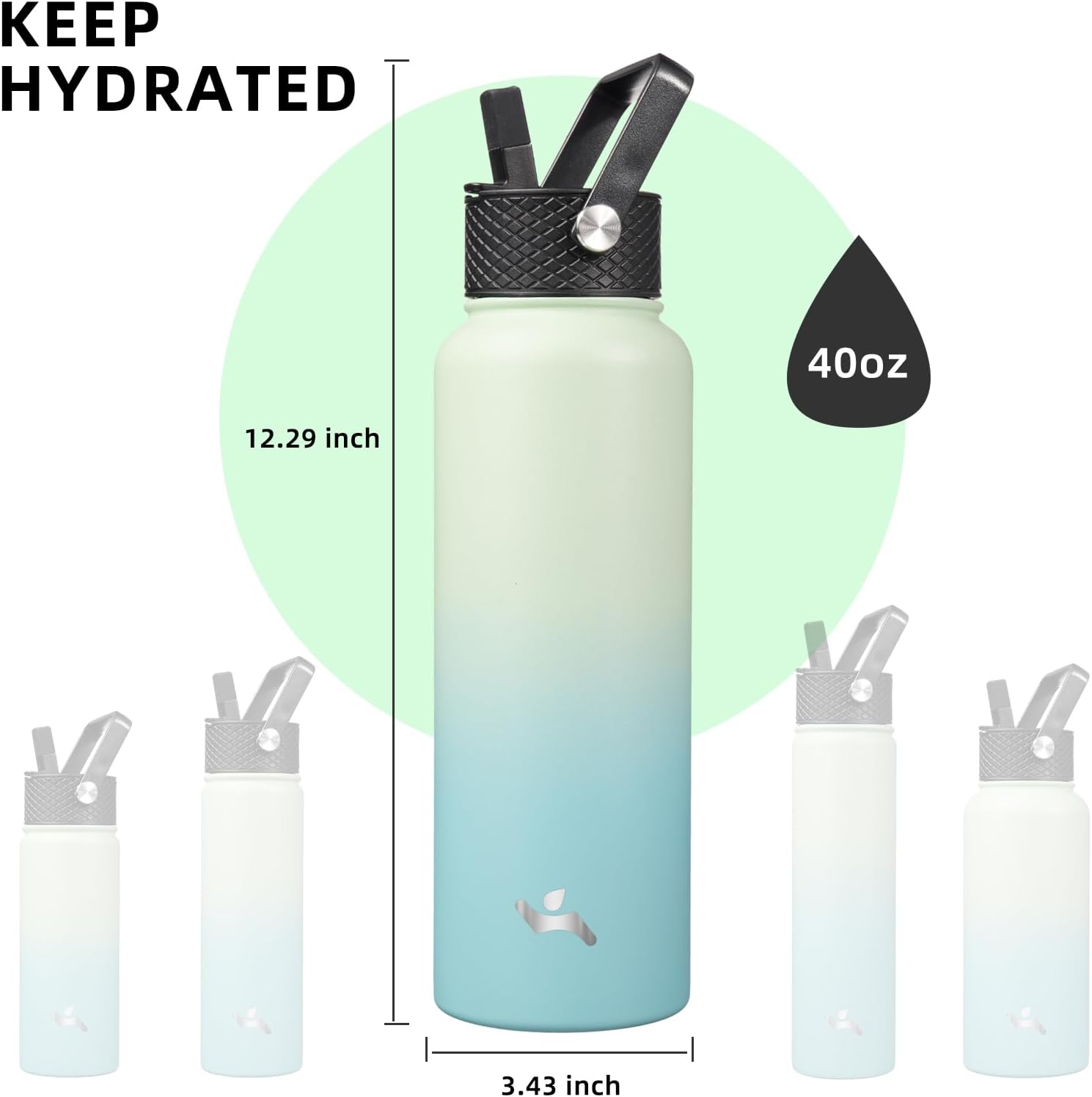 40oz Insulated Water Bottle Stainless Steel Sport Bottles with 3 Lids,Mint