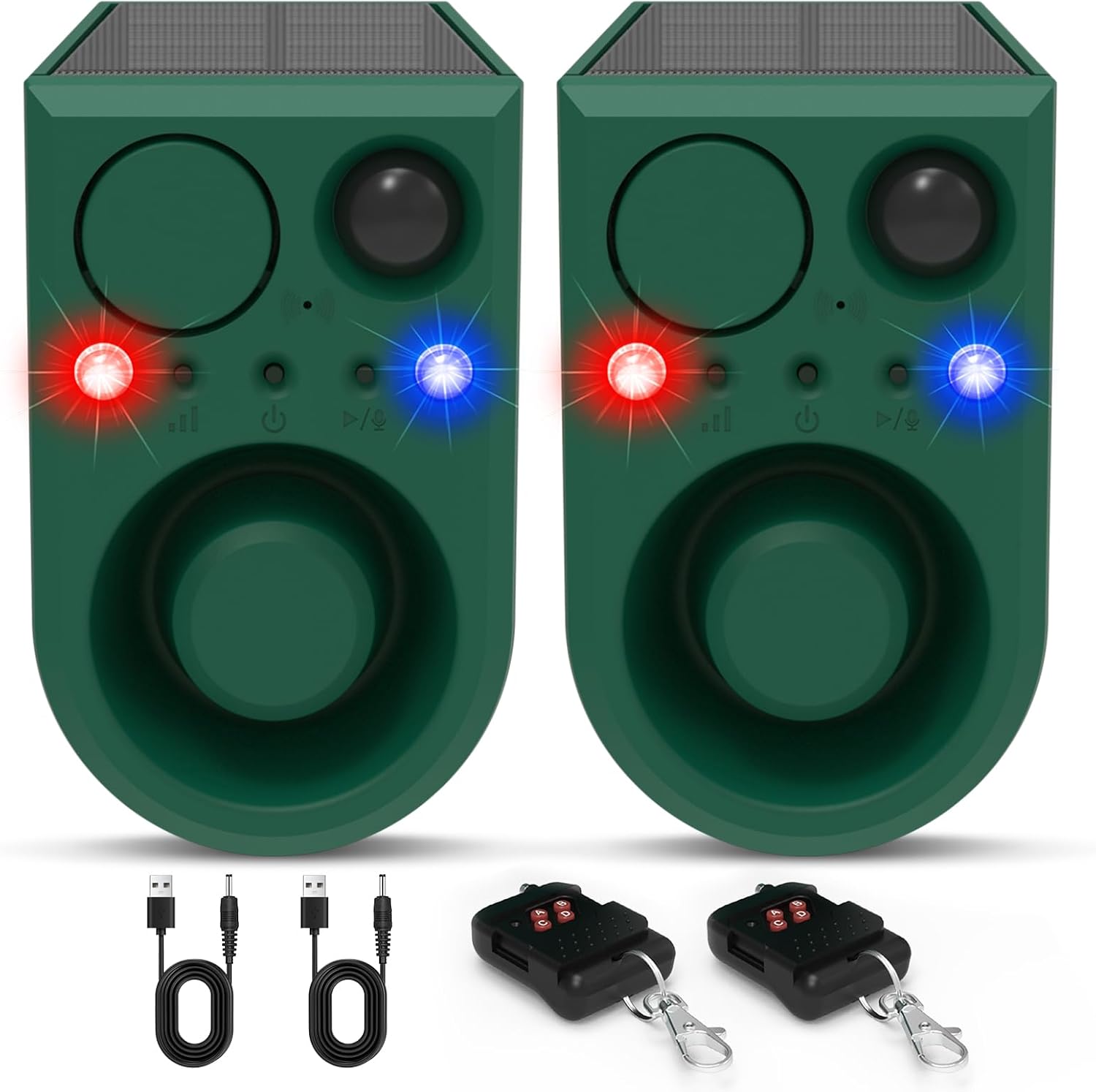 ChunHee Solar Outdoor Motion Sensor Alarm with Dog Barking Alarm Sound, Support Recording and Adjustable Volume, 129db Loud Noise Maker 4 Work Modes Strobe Light for Home, Villa, Farm, Barn (2pack)