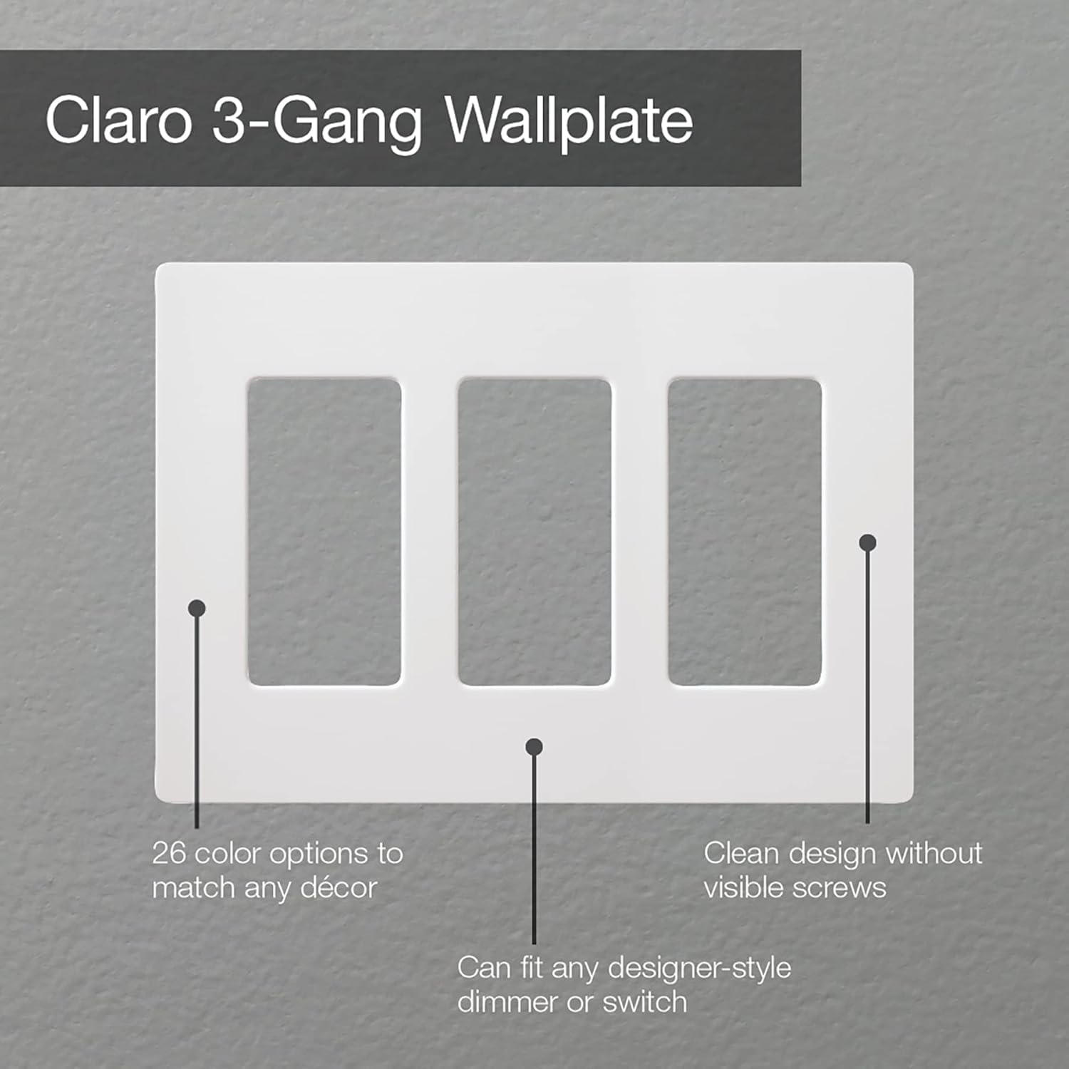 Lutron Claro Light Switch Cover Plate, 3 Gang Wallplate, for Decorator Light Switches, Rocker Light Switch Cover, Outlet Cover, Screwless Switch Plate Cover, Gloss, CW-3-GR, Gray
