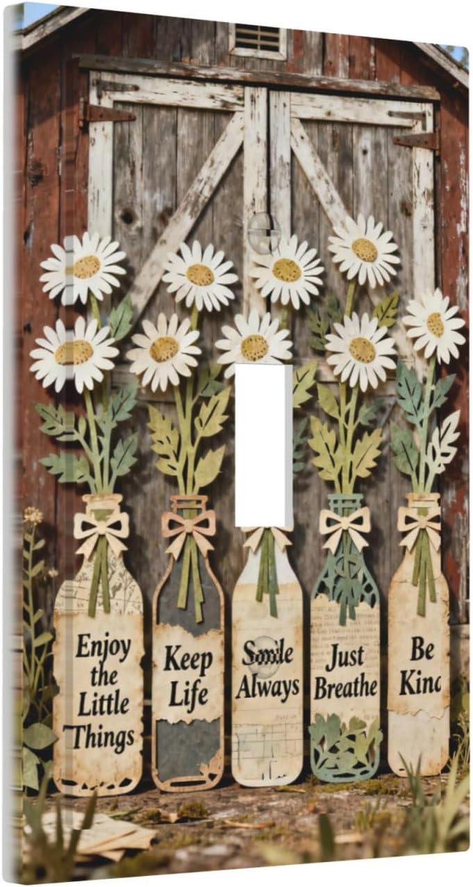 Rustic Daisy Barn Door Flowers 1 Gang Single Toggle Decorative Light Switch Covers Electrical Faceplate Switch Plates for Bathroom Kitchen Home