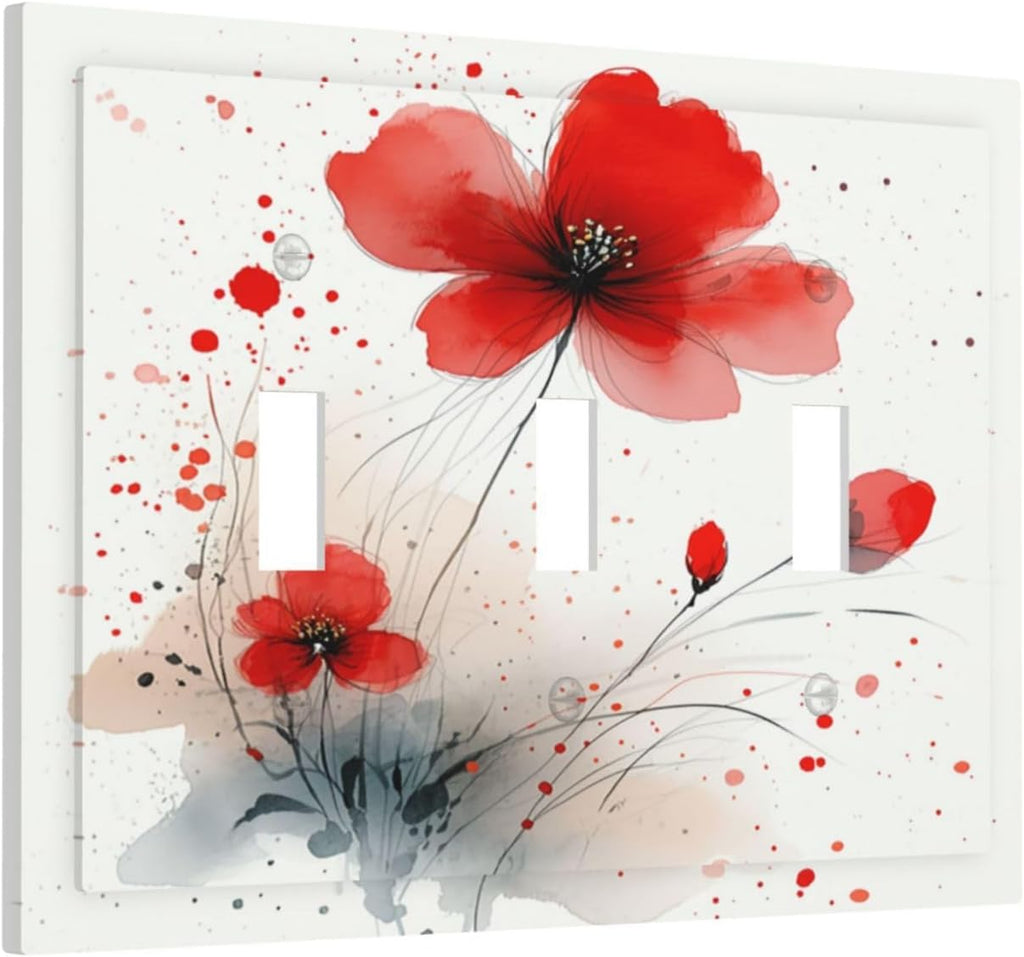 Vintage Watercolor Red Flowers Floral Decorative Switch Plates 3 Gang Wall Plate Triple Toggle Light Switch Cover Electrical Wall Panels Faceplate for Bedroom Bathroom Decor