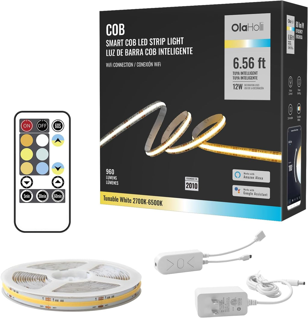 6.56ft Smart COB LED Strip Light, Tunable White 2700K-6500K Dimmable Bright WiFi Led COB Light Strip Compatible with Alexa and Google, White CCT COB Led Light for Kitchen Cabinet, Room