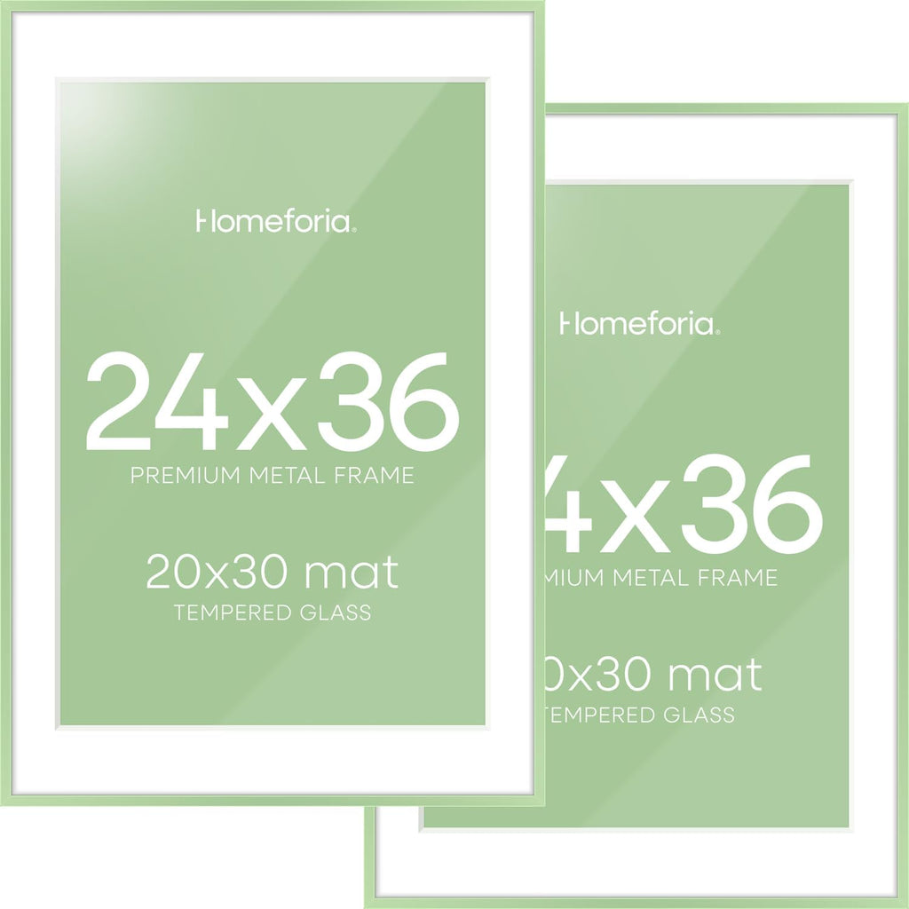 Homeforia 24x36 Sage Green Picture Frame, High End Metal 24x36 Large Poster Frames with Mat 20x30 inch Photo, 24 x 36 Thin Frame Matted to 20 x 30 Art, 36x24 Frames, Tempered Glass, Wall Kit, Set of 2