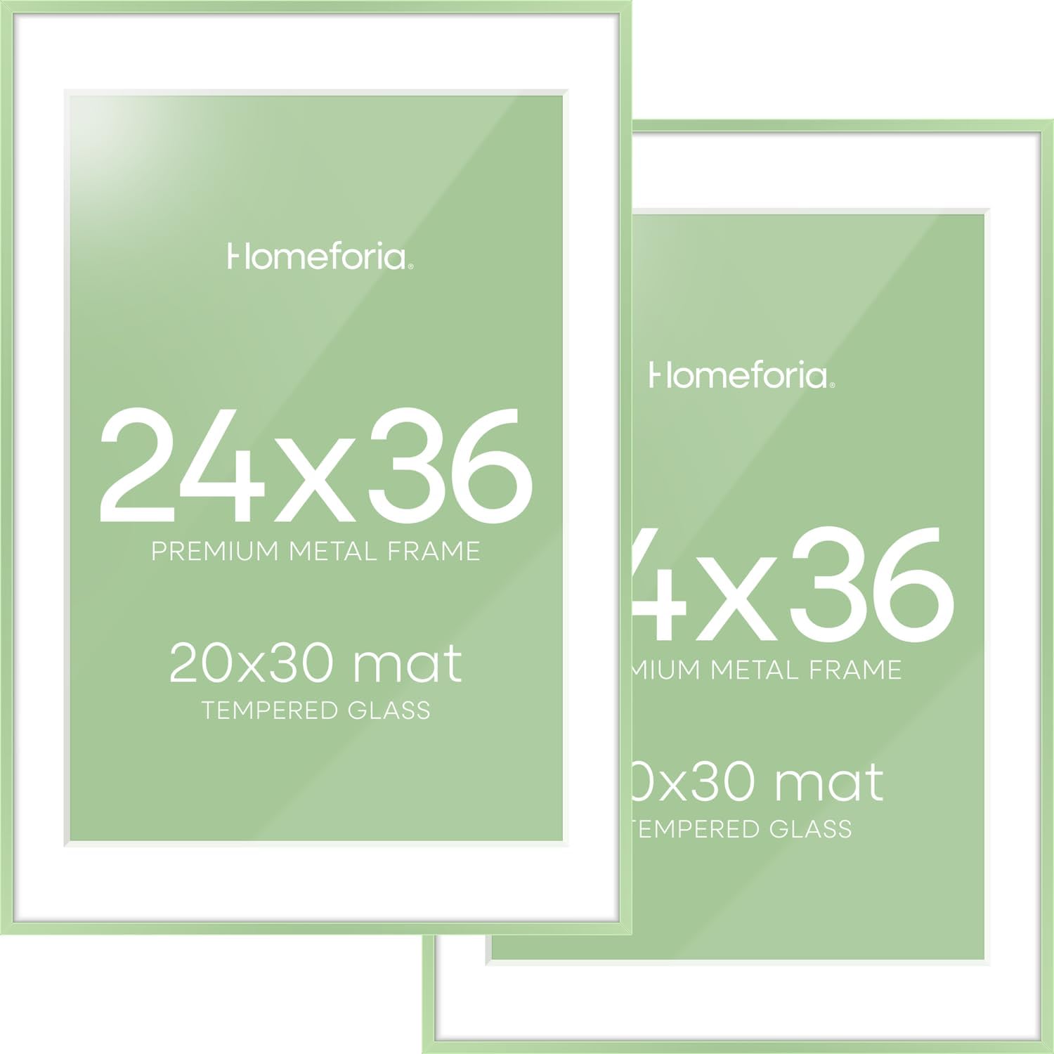 Homeforia 24x36 Sage Green Picture Frame, High End Metal 24x36 Large Poster Frames with Mat 20x30 inch Photo, 24 x 36 Thin Frame Matted to 20 x 30 Art, 36x24 Frames, Tempered Glass, Wall Kit, Set of 2