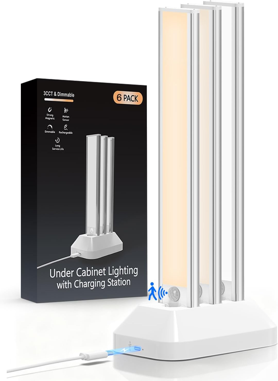 12in Under Cabinet Lighting with Charging Station, 2500mAh Rechargeable Wireless Motion Sensor Lights Indoor,Closet Lights with 3 Color Tempers, Battery Operated Cabinet Lights for Kitchen, 6-Pack