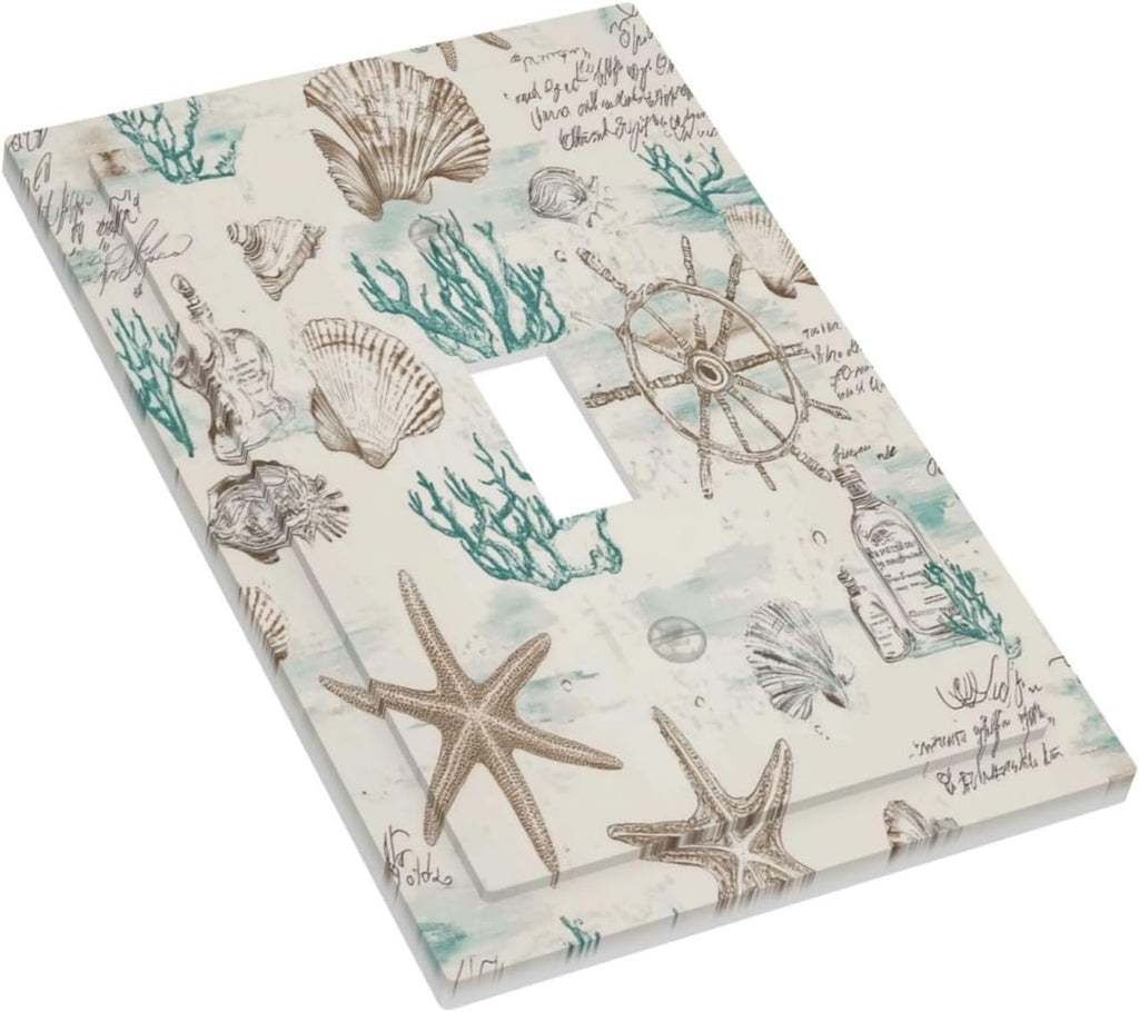 Mid Century Seashells Starfish Compass Decorative Light Switch Cover 1 Gang Single Toggle Device Electrical Faceplate Switchplates Decorator Outlet Wall Plate For Nursery Kids Room Decor