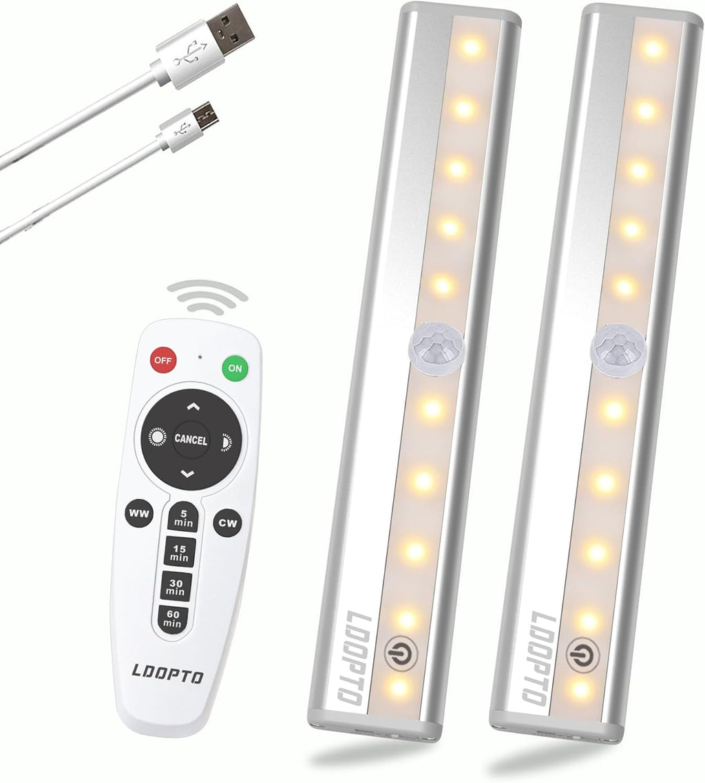 LDOPTO Under Cabinet Lights with Remote, Magnetic Rechargeable Under Counter Closet Lights, Wireless Night Light Bar Stick-On, for Kitchen Wardrobe Cupboard Stairs Bedroom, 2-Pack, Warm White