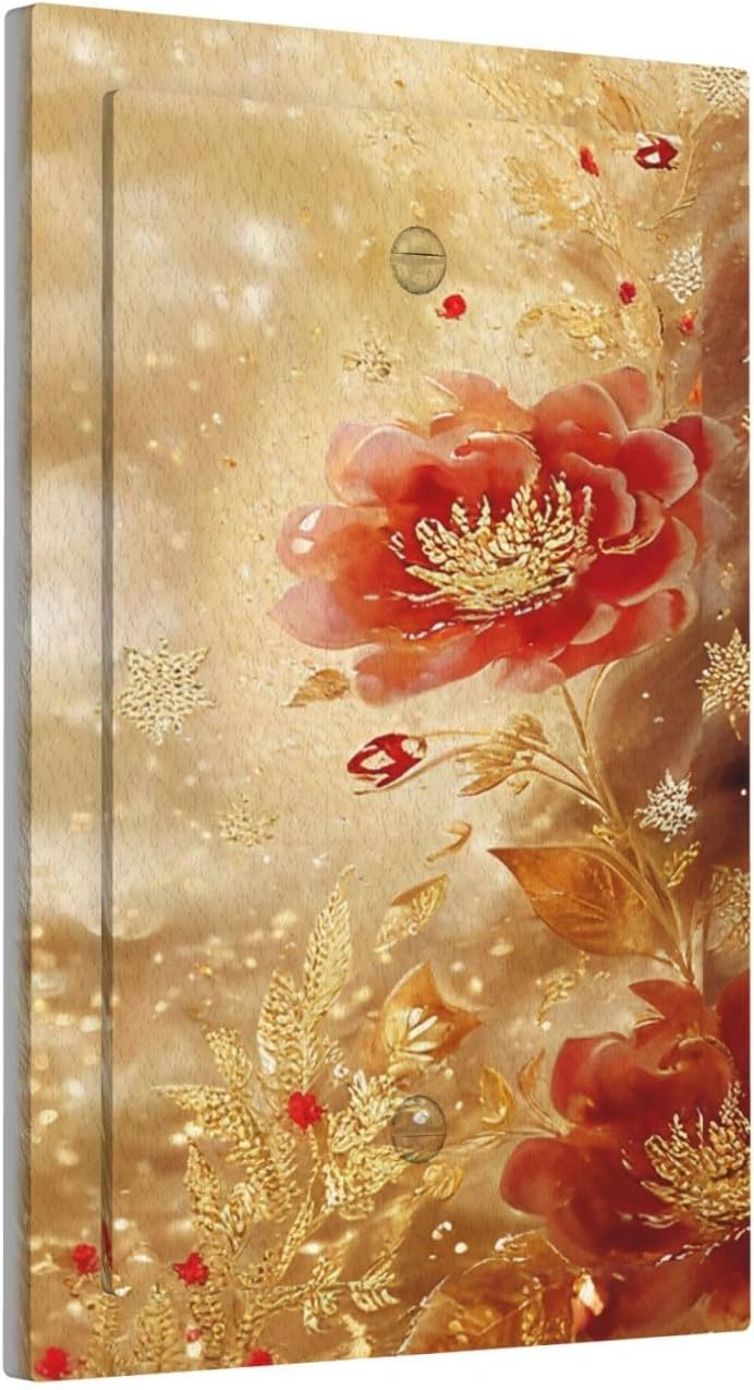 Decorative Light Switch Cover Plate Golden Leaf Red Peony Flowers Floral 1 Gang No Device Single Blank Outlet Covers Wall Plate Cover Switchplate Electrical Faceplate