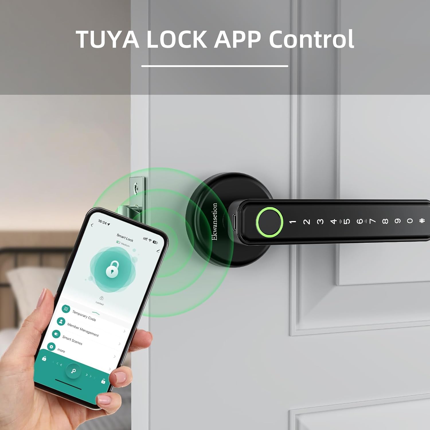 Fingerprint Door Lock Smart Door Lock with Keypad Keyless Entry Door Lock with Handle for Home Hotel Office Apartment Bedroom with Alexa (Black app Unlock) Ekwansetion