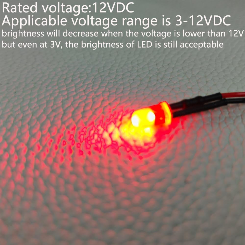 50pcs 3V-4.5V-5V-6V-7.5V-9V-12VDC 5mm Red LED Lights Emitting Diodes, 12VDC Prewired 7.9 Inch V LED Light Diffused Colored Lens Small LED