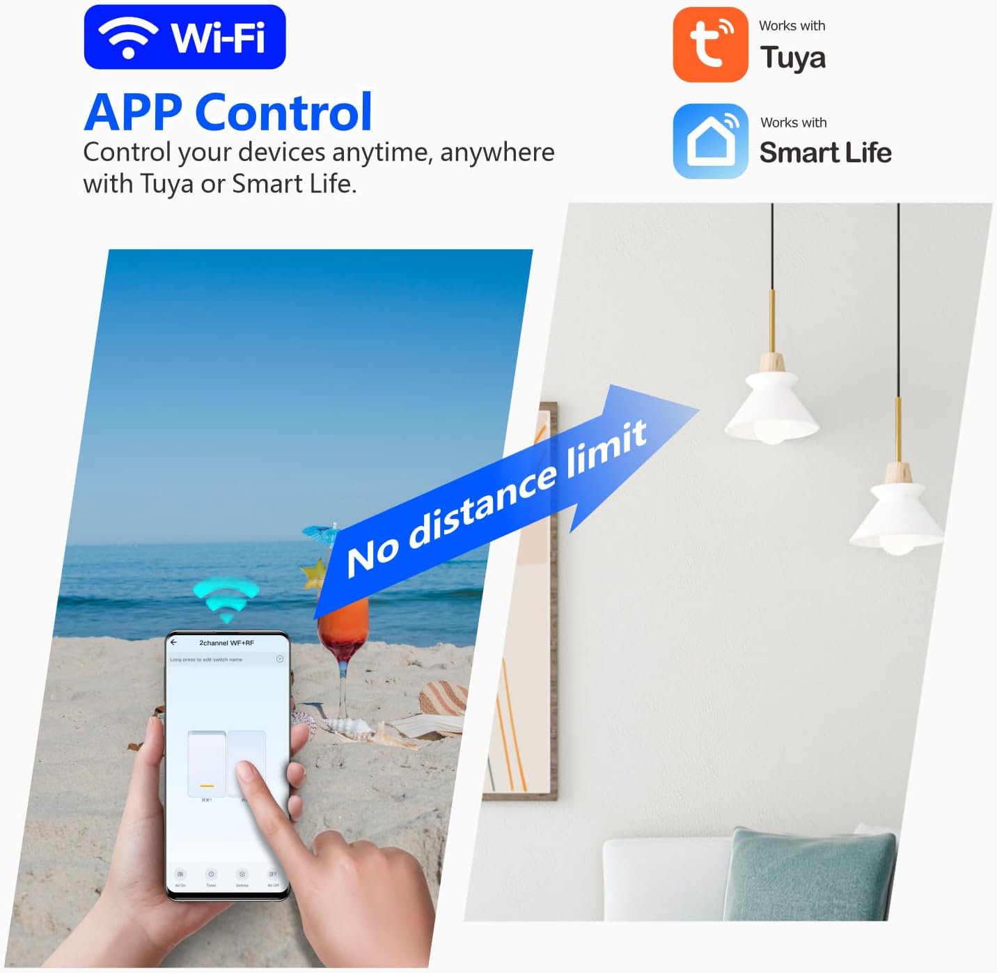 DieseRC Tuya 2-Channel WiFi Smart Switch, AC 90V - 250V 220V Passive Output Relay Module, with 2X RF Remote Control, Compatible with Alexa/Google Home