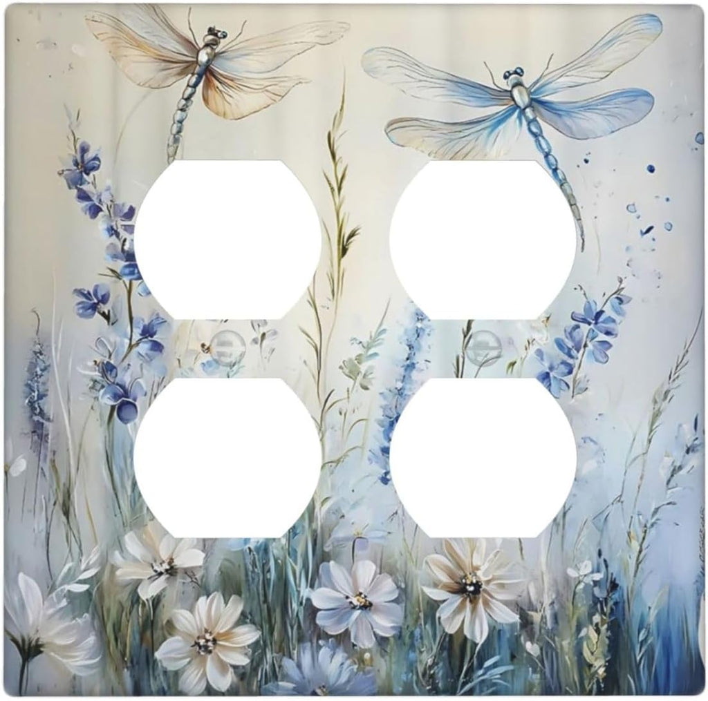 Decorative Outlet Covers Watercolor Dragonfly Blue Wihte Flower 2 Gang Light Switch Cover Plate Double Duplex Wall Plates for Electrical Outlets Switch Plate Covers for Bedroom Home Decor