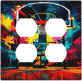 Decorative Outlet Covers Scrawl Colorful Basketball Graffiti Hoop 2 Gang Wall Plate Cover Double Duplex Receptacle Two Switch Light Switch Cover Plate Dual Faceplate for Home Decor