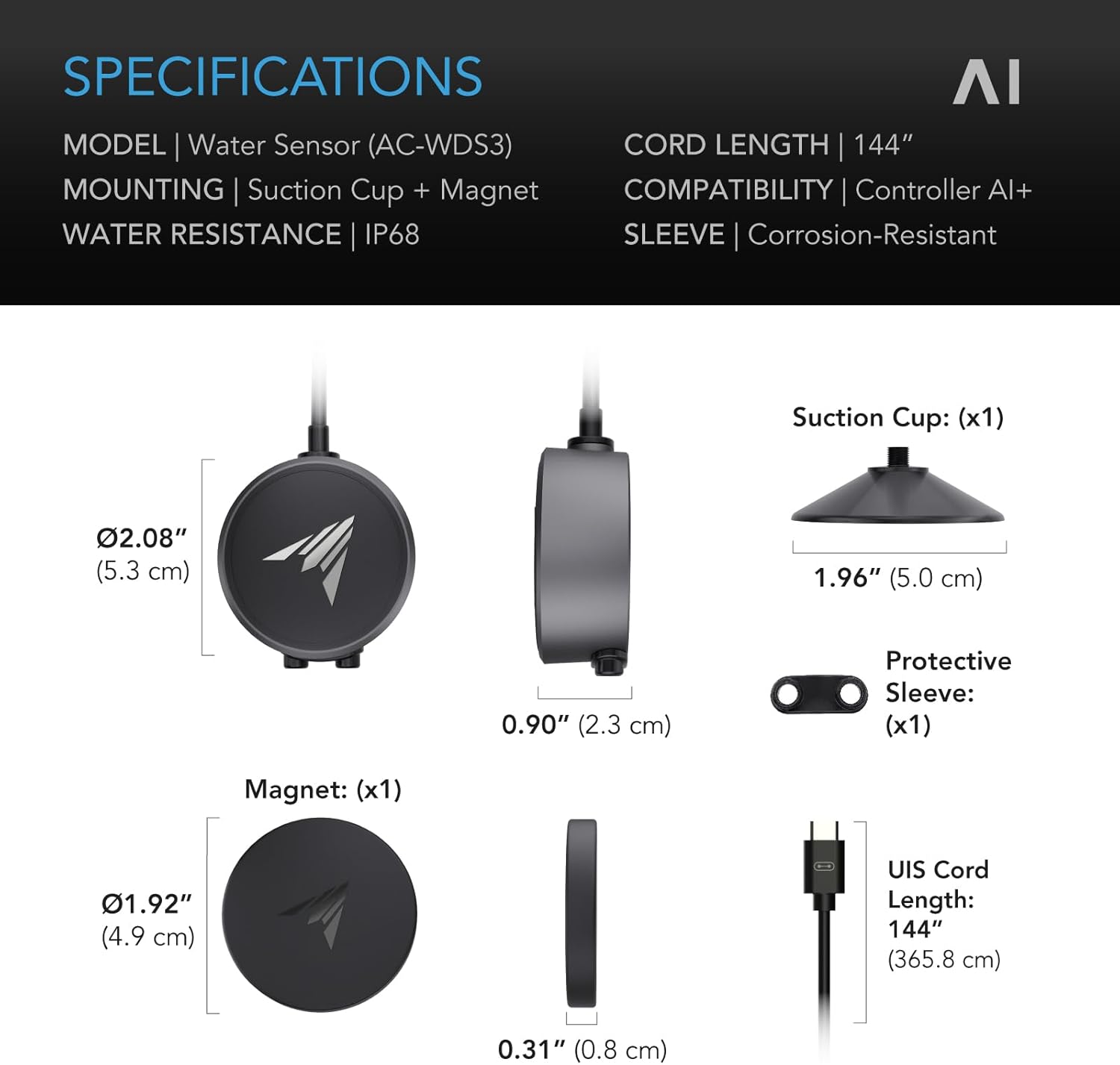 AC Infinity Water Detection Sensor Exclusively for AI Controllers, Monitor Presence of Water in Gardens, Grow Tents, Grow Spaces, Suction and Magnetic Mounting, IP68 Seal Protection