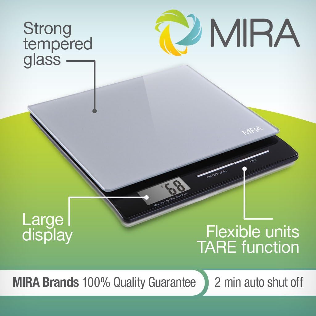 MIRA 11 lb Digital Food Scale - Glass Platform with Multi-Unit Measurement - Easy One-Touch Tare Function