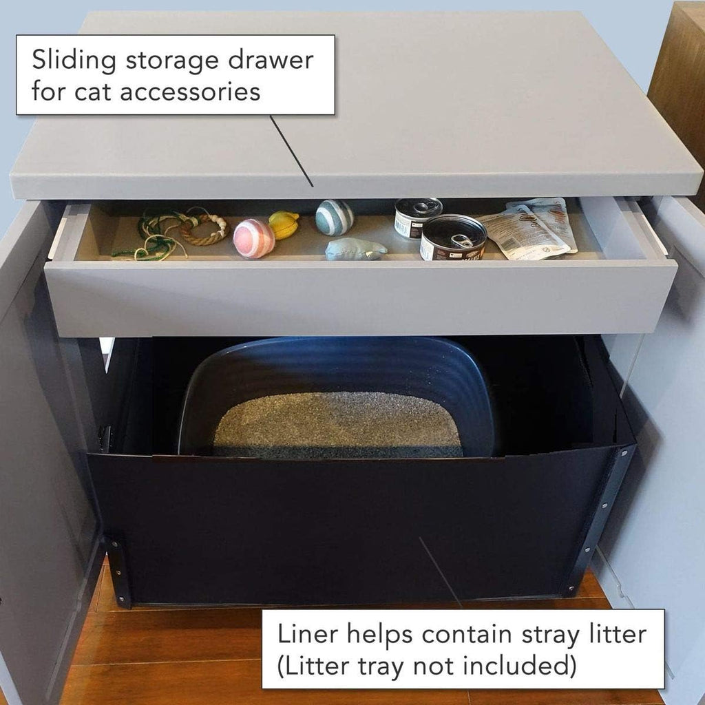 The Refined Feline Cat Litter Box Enclosure Cabinet, Shaker, Smoke Gray, Round Feet, Large, Hidden Litter Cat Furniture with Drawer