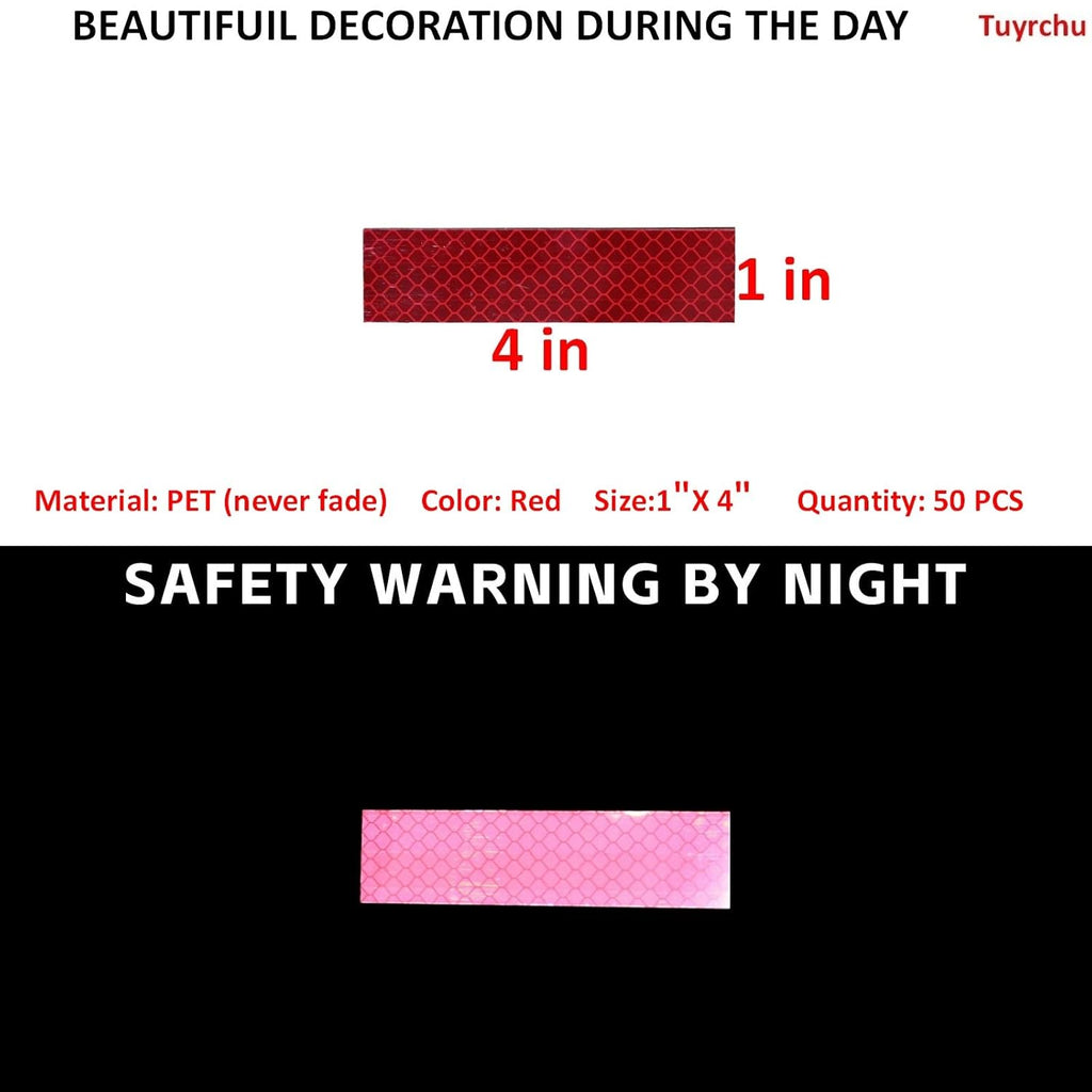Non Fading Red Reflective Stickers 1 inch X 4 inch, Outdoor Waterproof High Visibility Warning Safety Adhesive Reflector Tape (50 Pcs)