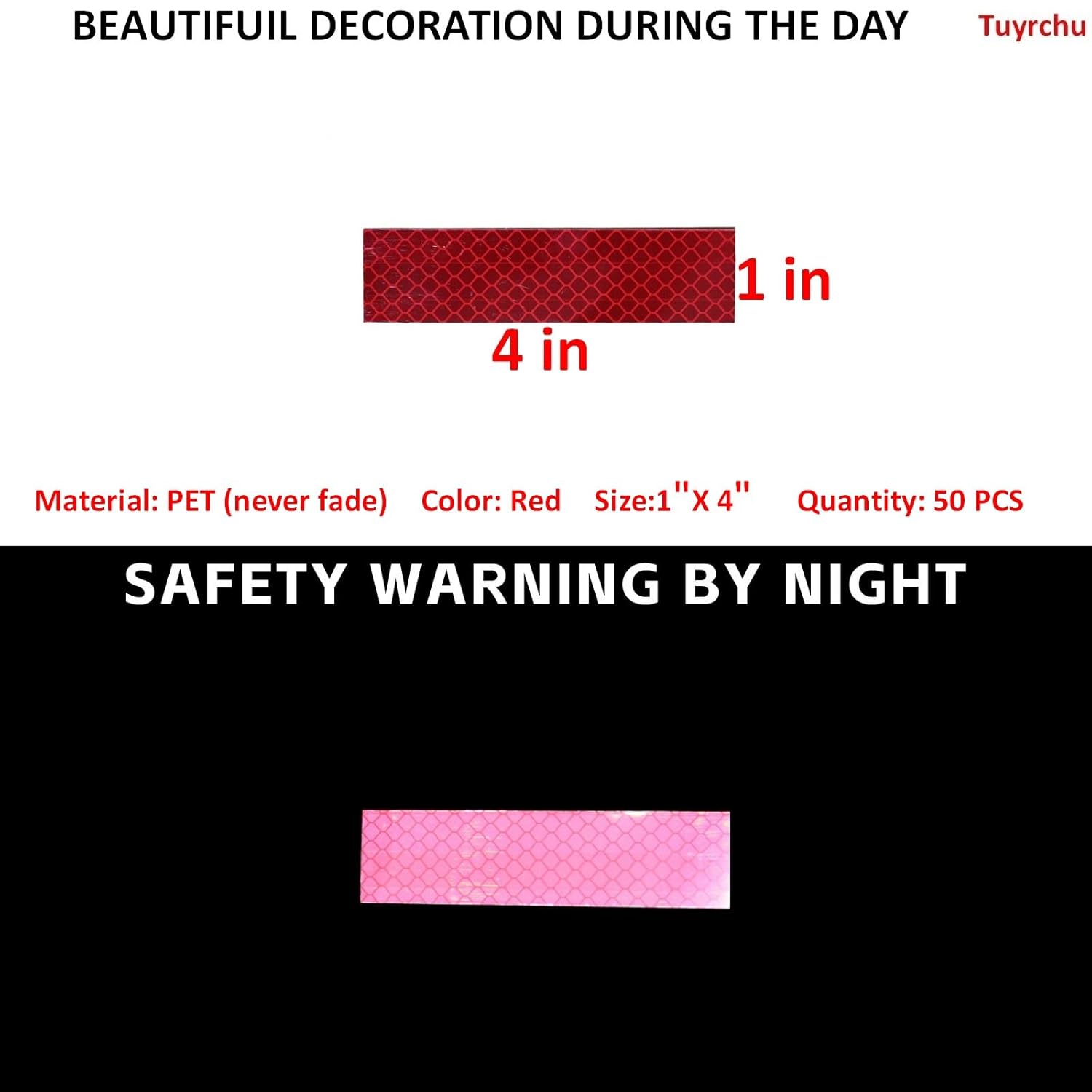 Non Fading Red Reflective Stickers 1 inch X 4 inch, Outdoor Waterproof High Visibility Warning Safety Adhesive Reflector Tape (50 Pcs)