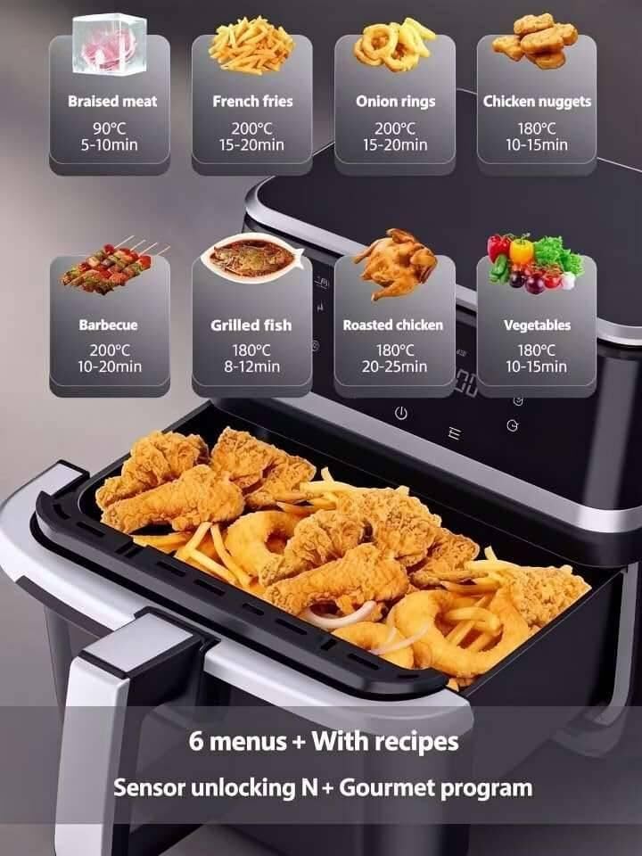 6-in-1 Stainless Steel Smart Air Fryer 11-Quart Extra-Large Capacity 360° Hot Air Circulation Rack Rapid Airflow Ideal for home frying, baking, roasting, and other diverse cooking needs.