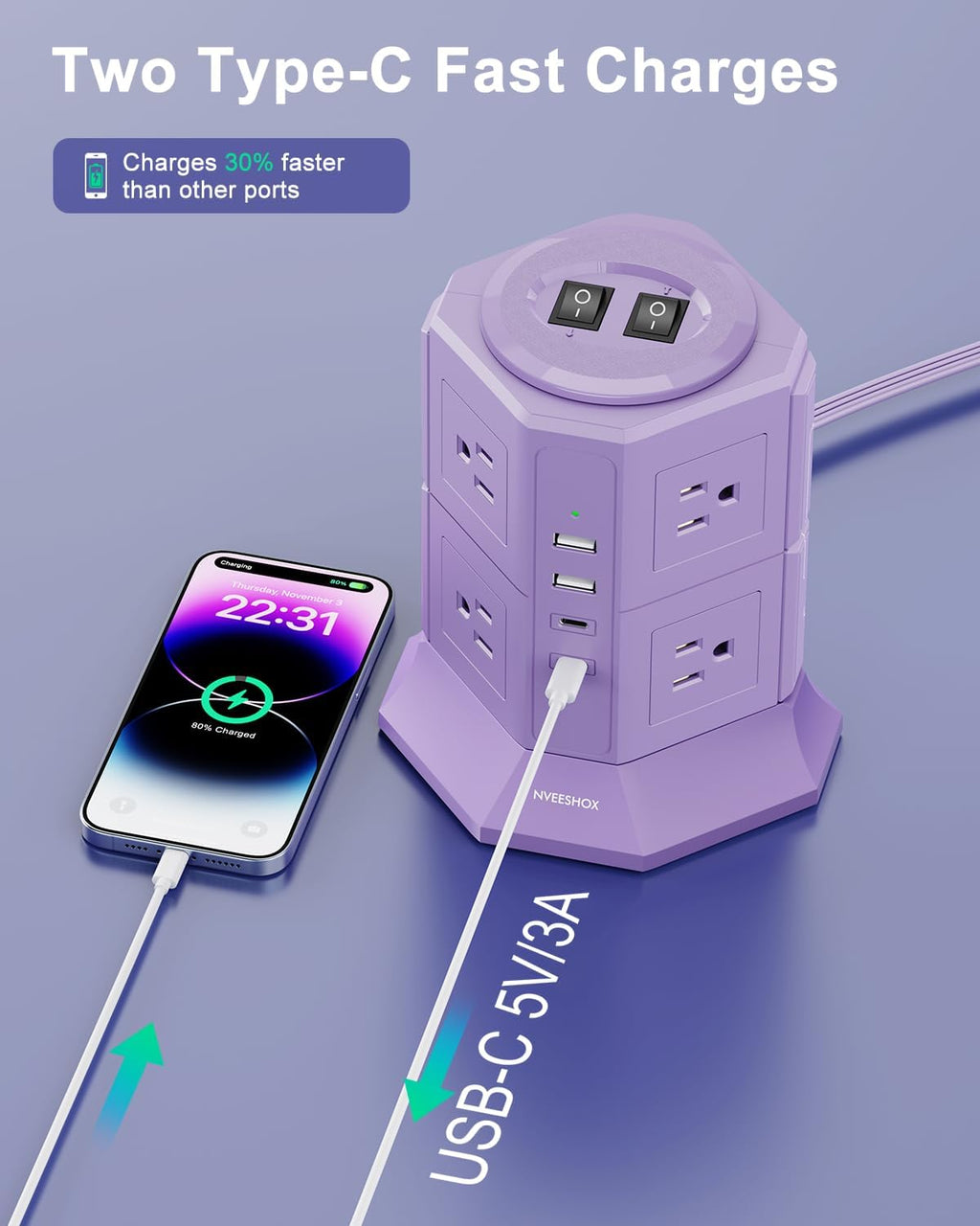 Flat Plug Power Strip Tower with 8 Outlets 4 USB Ports (2 Type C), Surge Protector Power Strip with 6.5 FT Extension Cord, Outlet Extender Charging Station with Multiple Outlets for Home Office Dorm