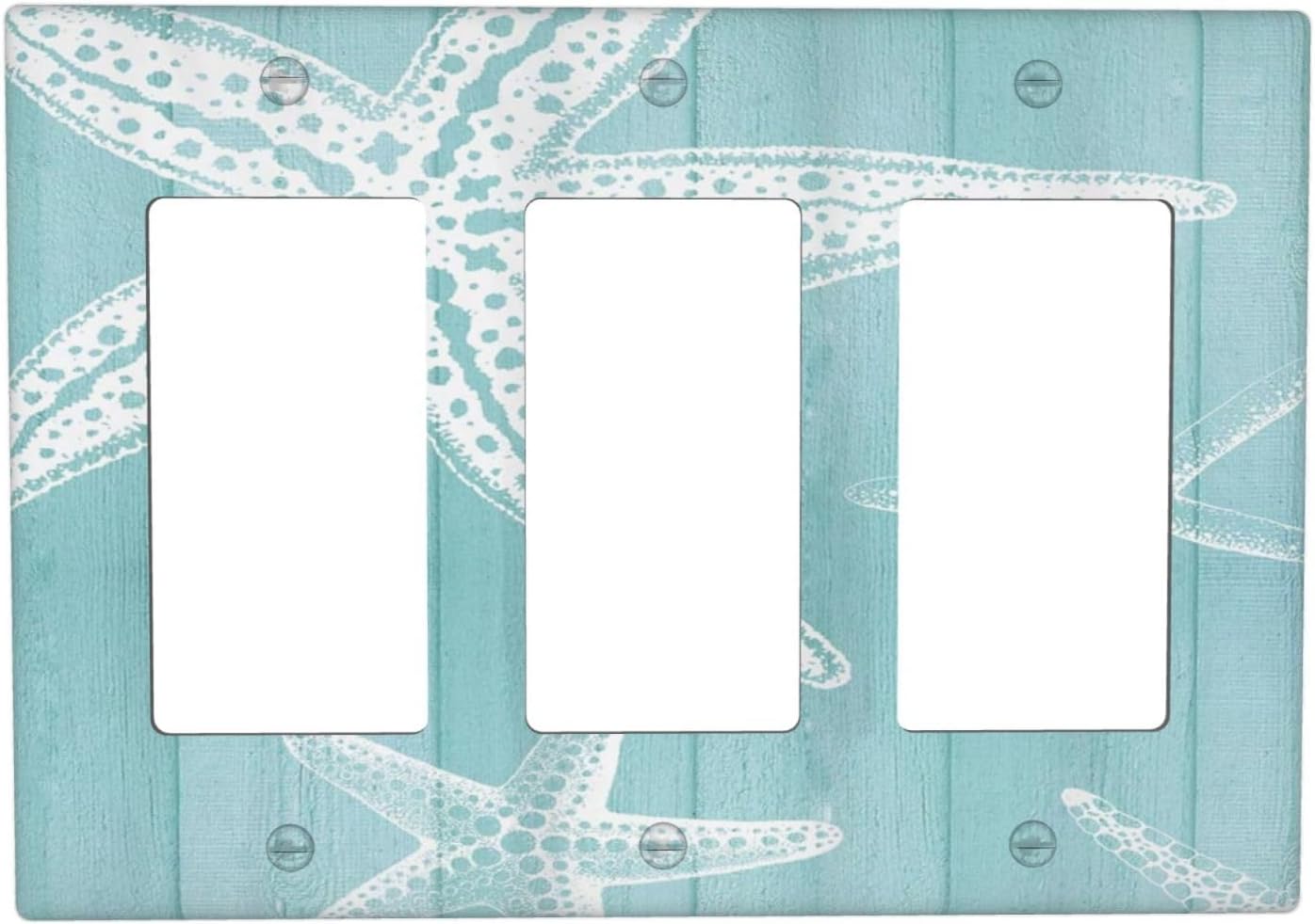 Decorative Outlet Covers Starfish Teal Wood Board Nautical 3 Gang Light Switch Cover Plate Triple Rocker Wall Plates for Electrical Outlets Switch Plate Covers for Bedroom Home Decor
