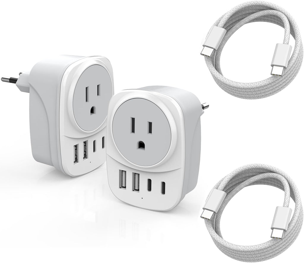 European Travel Plug Adapter,Universal Travel International Power Adapter 2 USBC Port and 2 USBA Port,Fast Charging USB C-C Woven Cable,USB C Power Plug for US to Europe Adapters for Multiple Devices