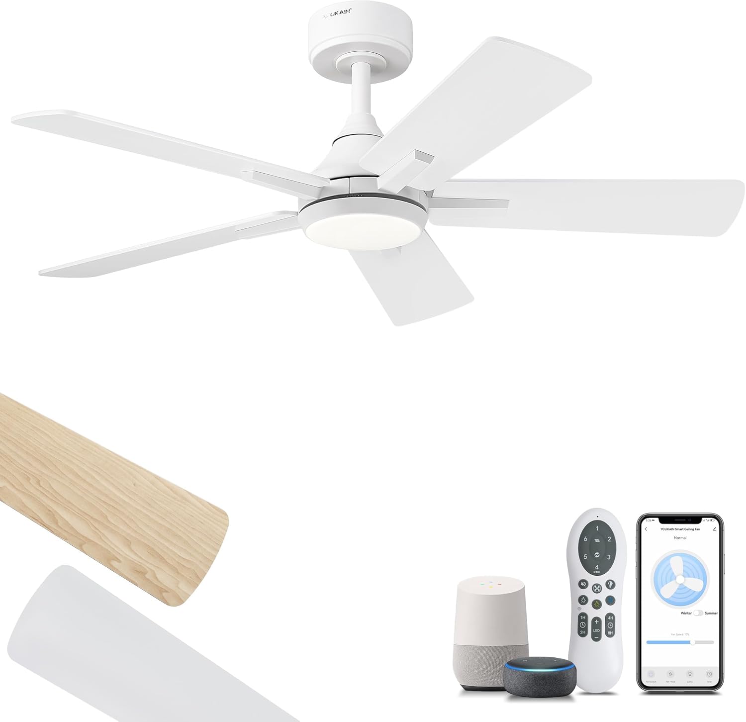 YOUKAIN Ceiling Fans with Lights, 42 Inch White Ceiling Fan, Smart Ceiling Fan Remote & APP Control, Reversible Blades, Modern Outdoor Ceiling Fans for Living Room, Bedroom, 42-YJ812-WH
